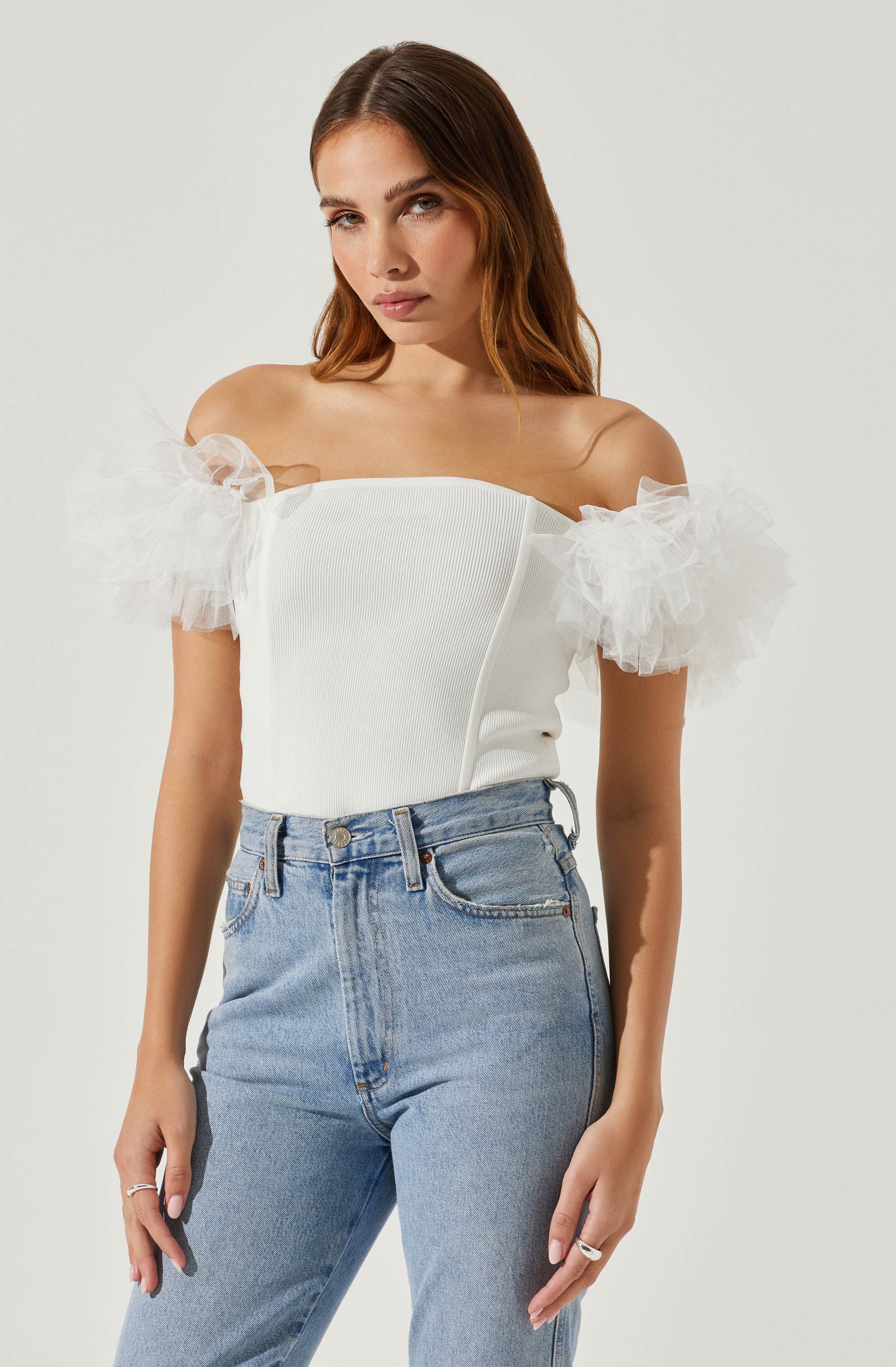 Calla Off Shoulder Tulle Sleeve Sweater-Aljck