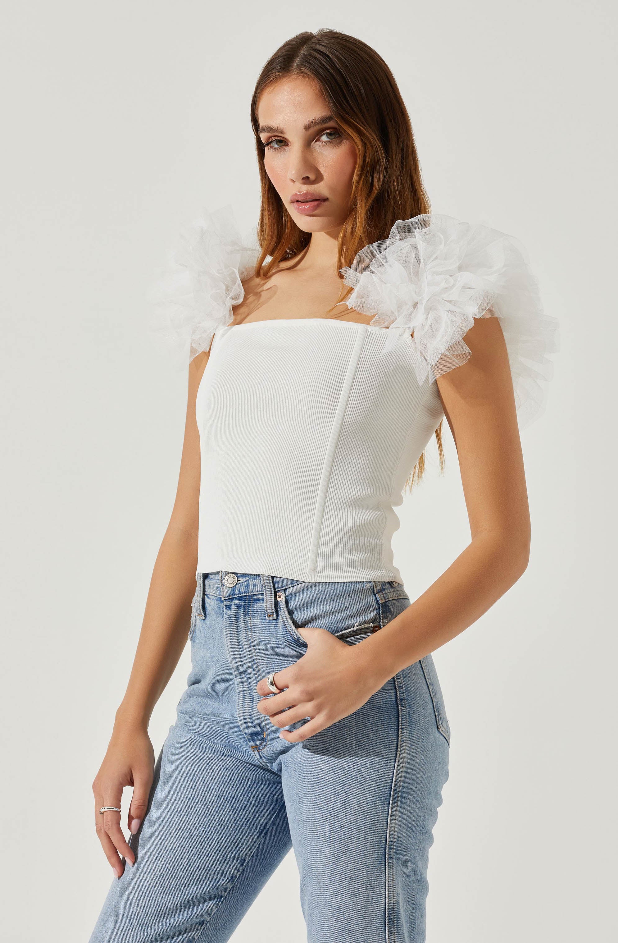 Calla Off Shoulder Tulle Sleeve Sweater-Aljck