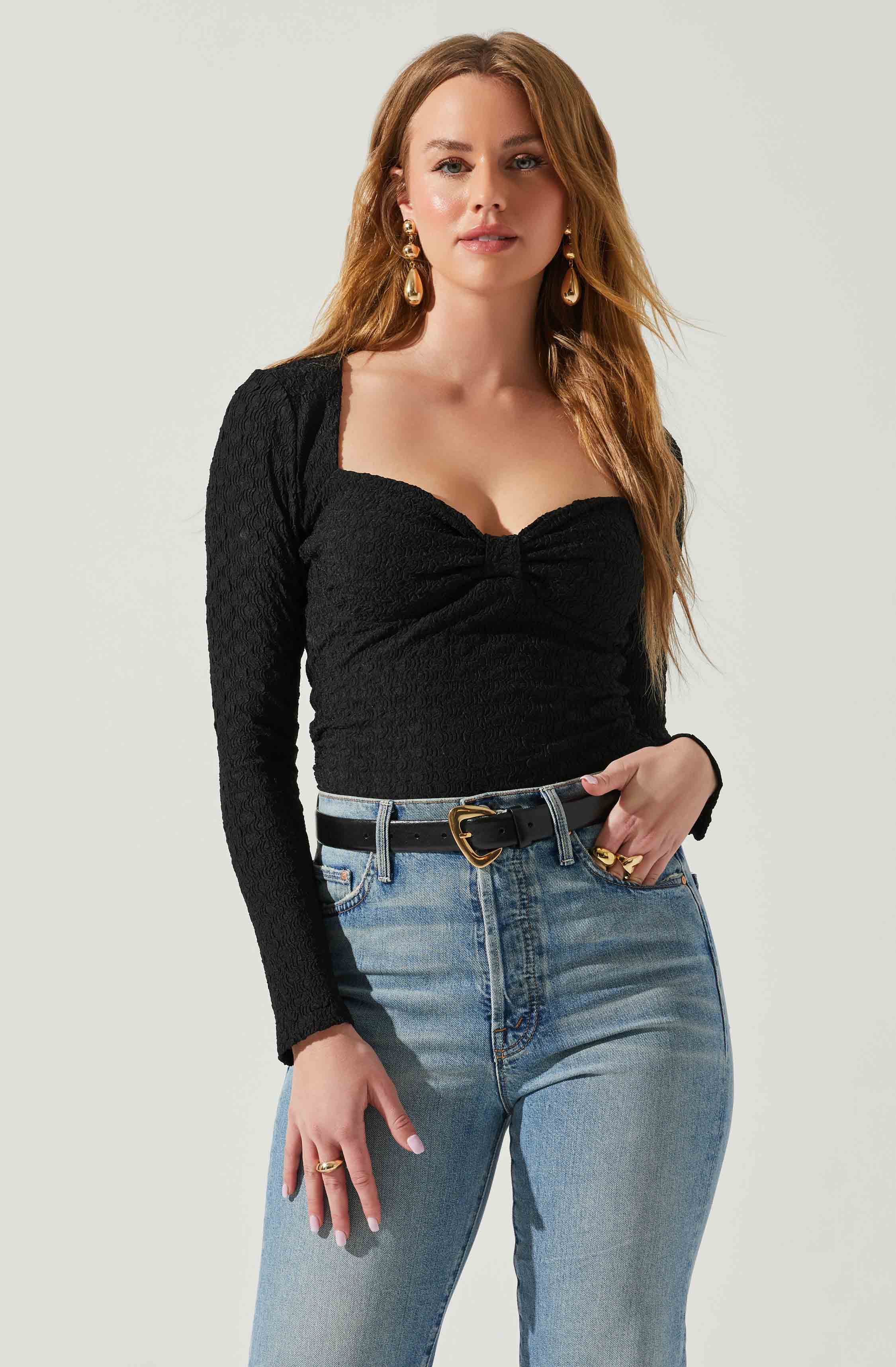 Ren Textured Sweetheart Long Sleeve Top-Aljck