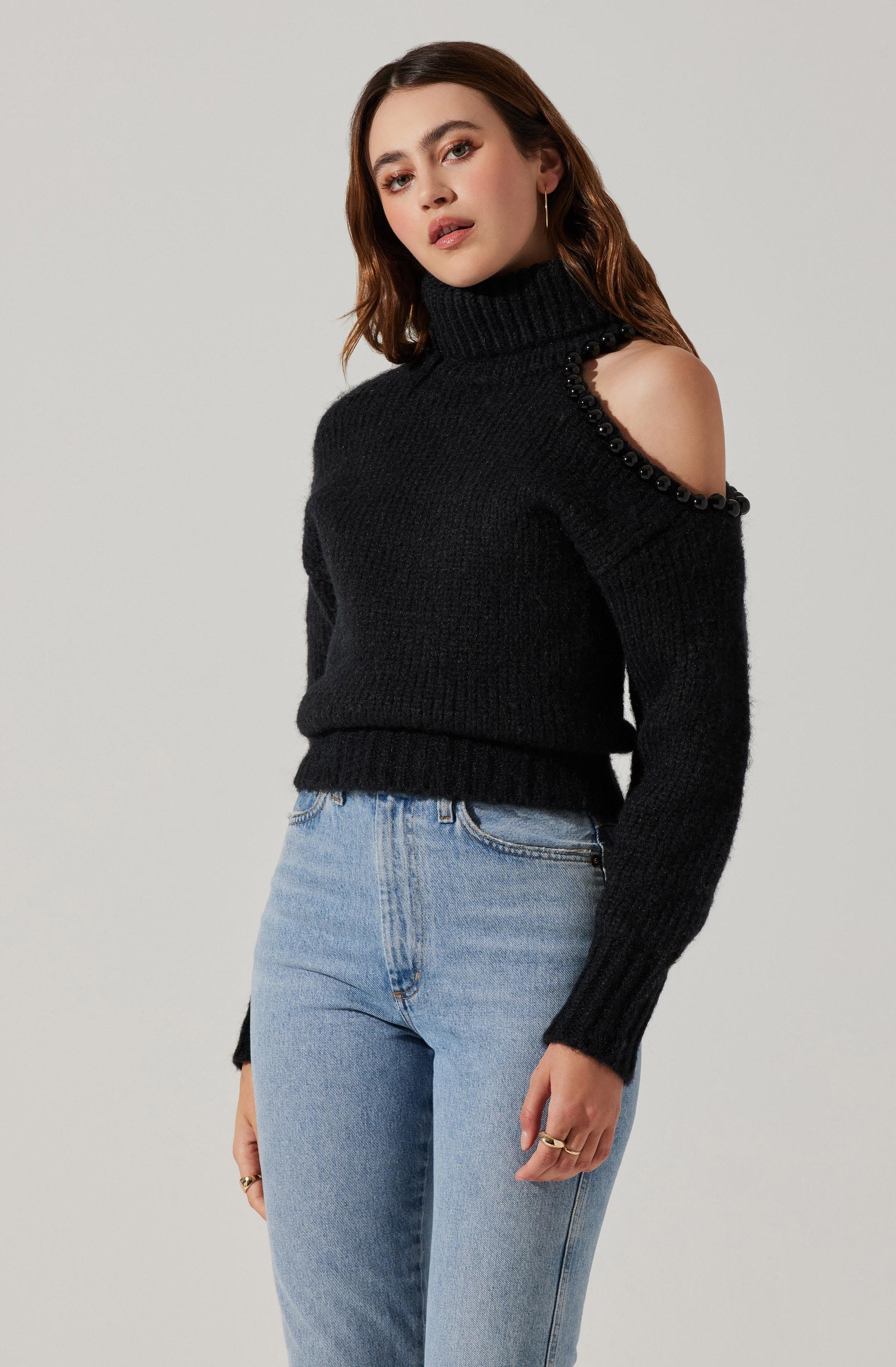 Lynn Embellished Cold Shoulder Turtleneck Sweater-Aljck