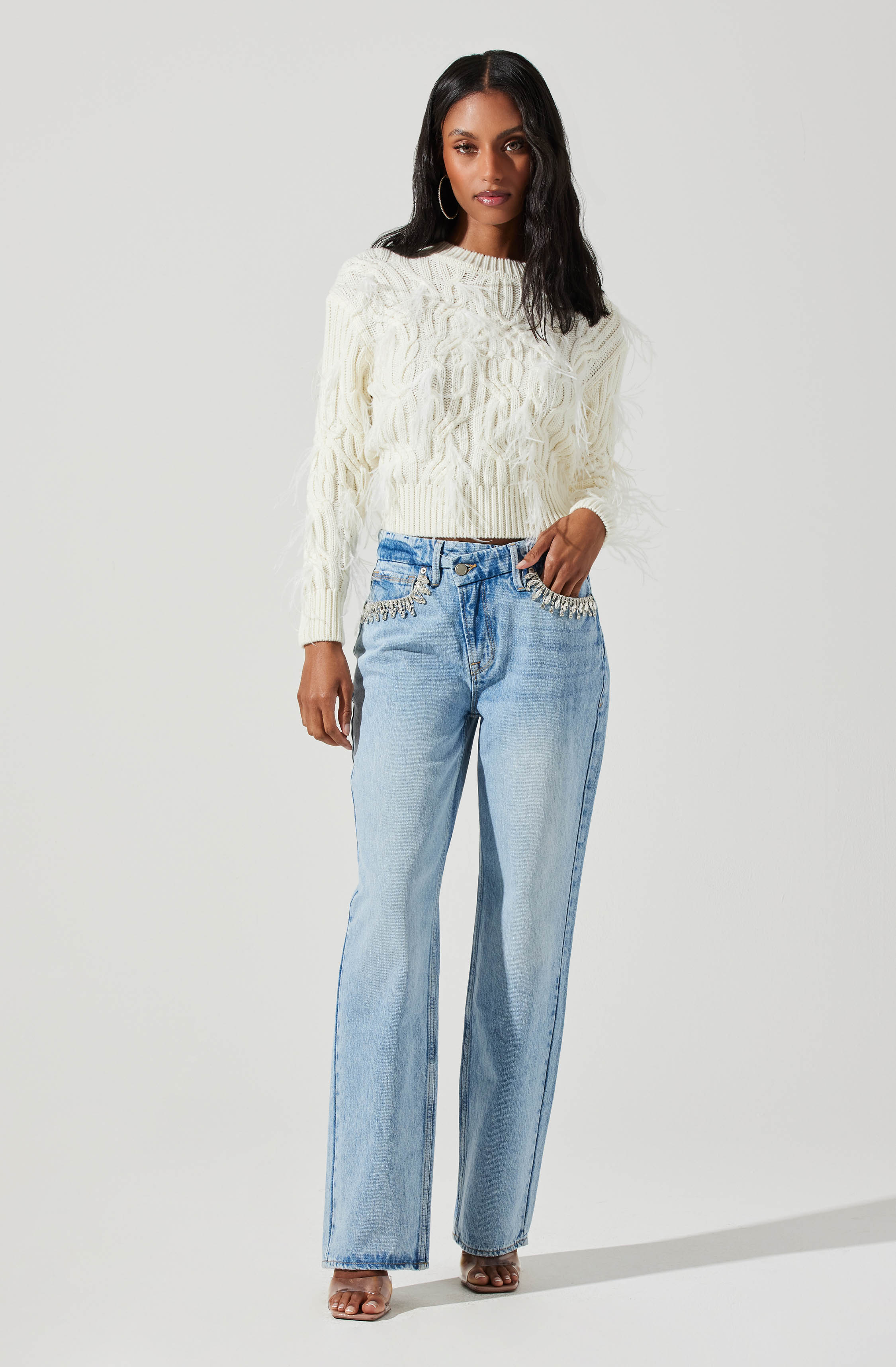 Almeida Feather Embellished Cable Knit Sweater-Aljck