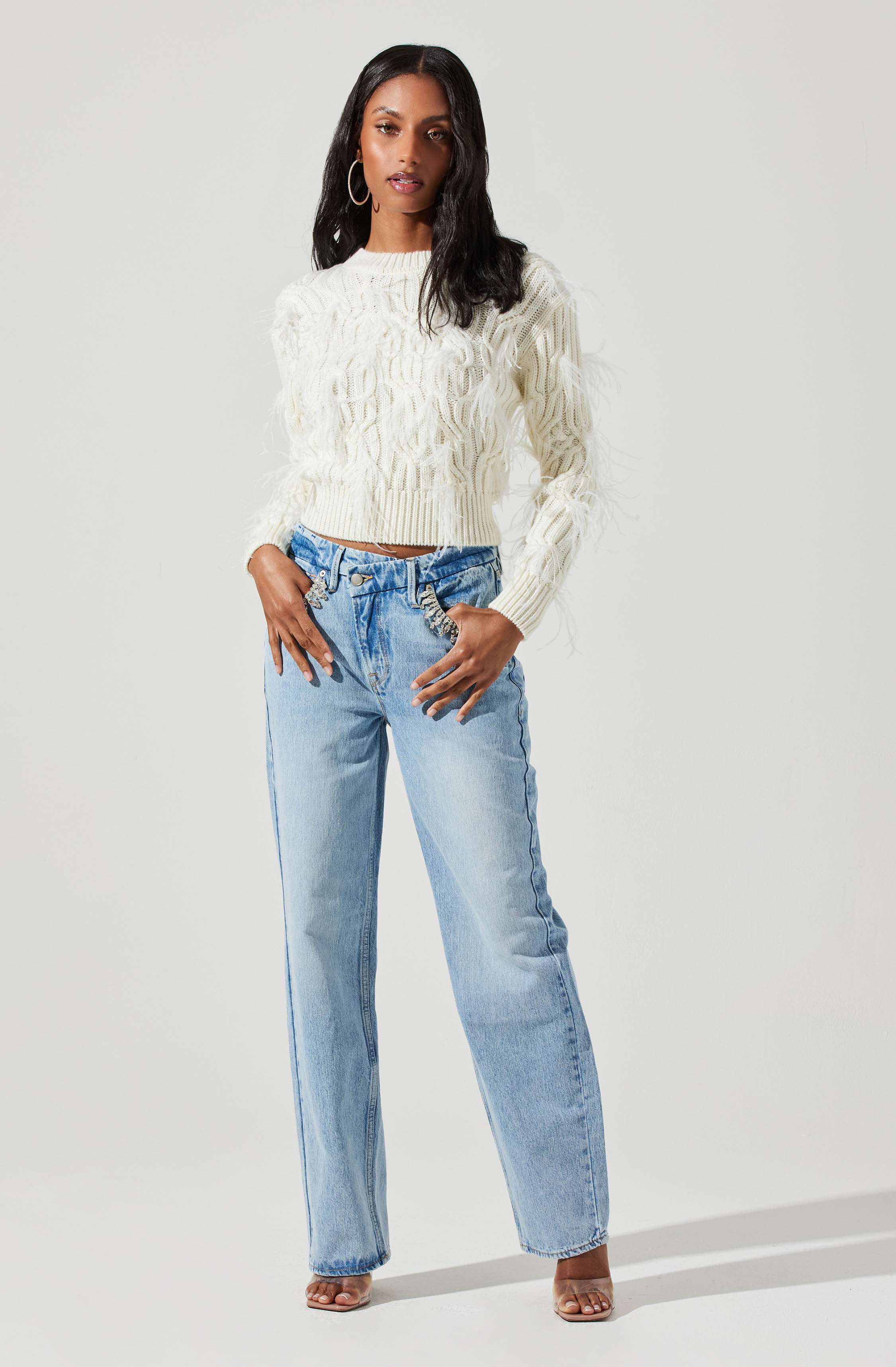 Almeida Feather Embellished Cable Knit Sweater-Aljck
