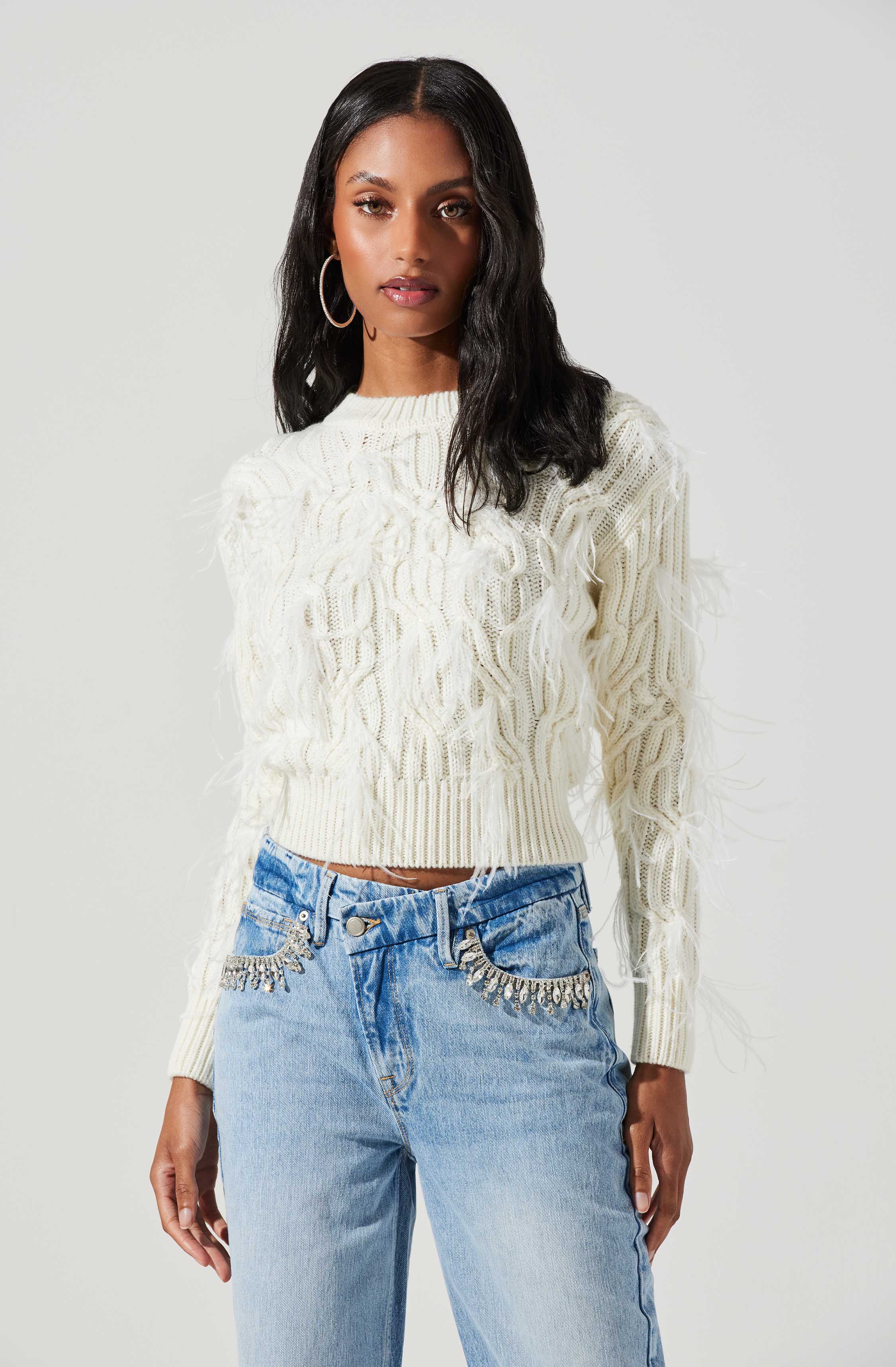 Almeida Feather Embellished Cable Knit Sweater-Aljck
