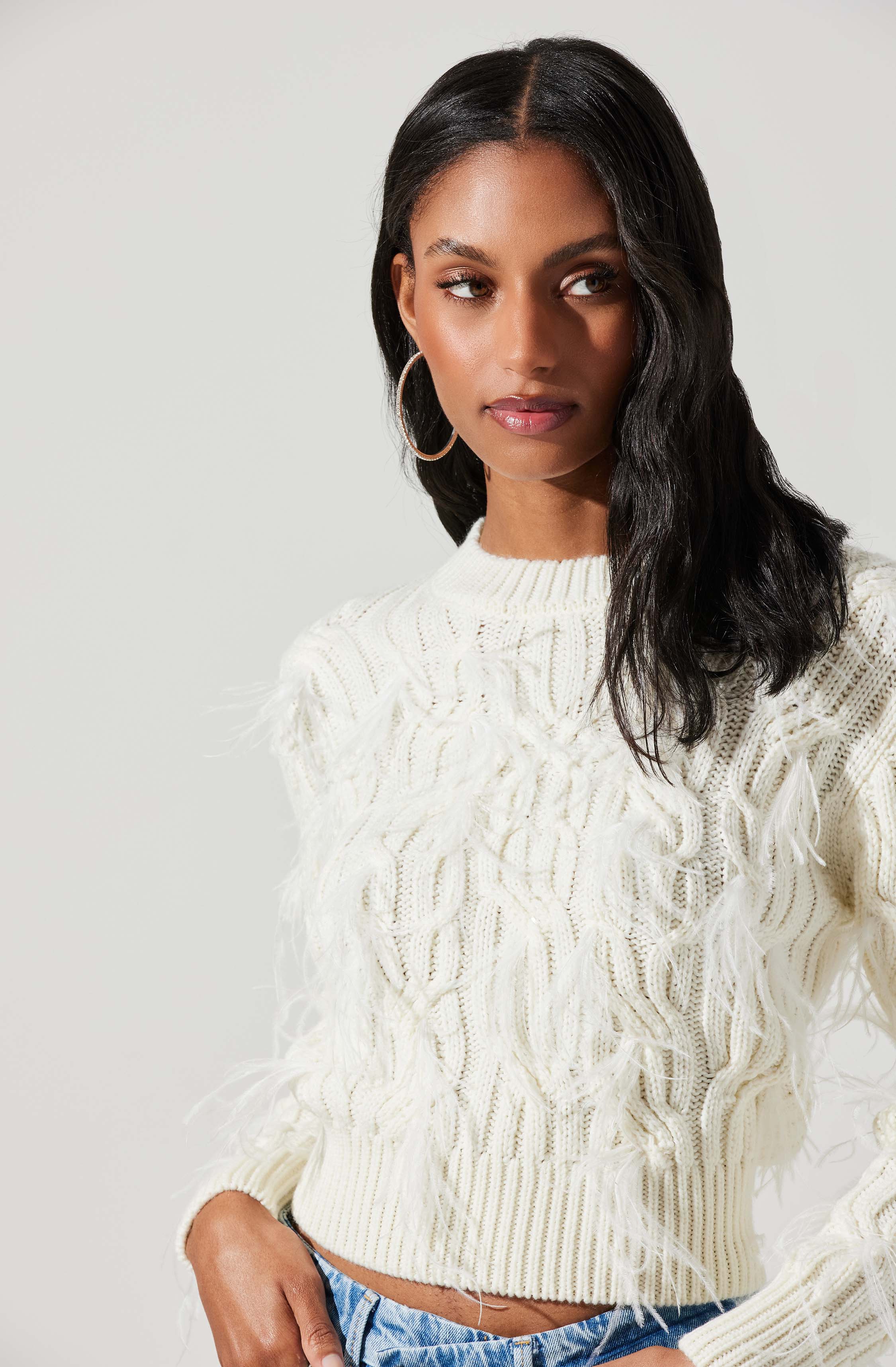Almeida Feather Embellished Cable Knit Sweater-Aljck