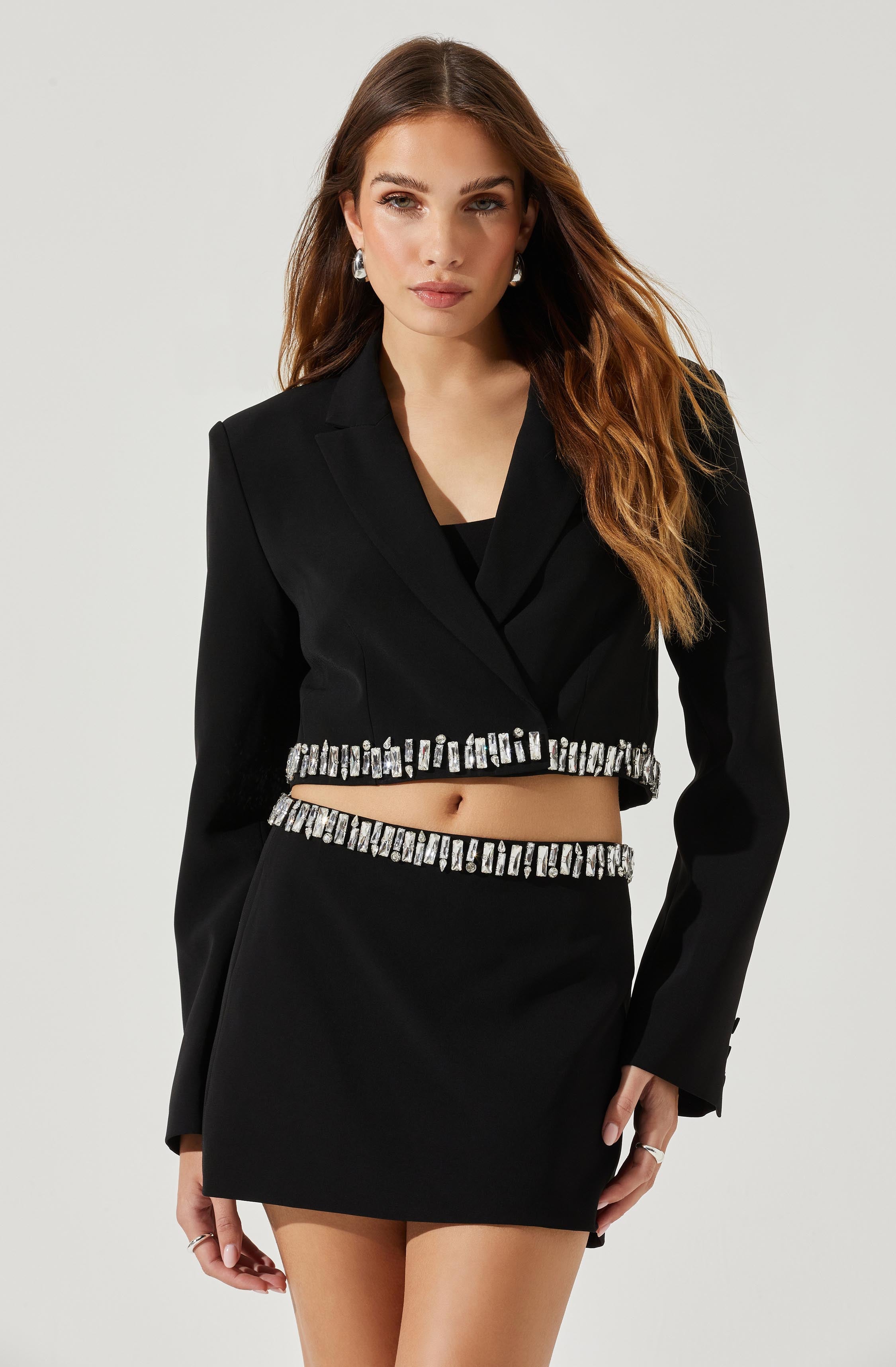 Hazel Rhinestone Trim Cropped Blazer-Aljck
