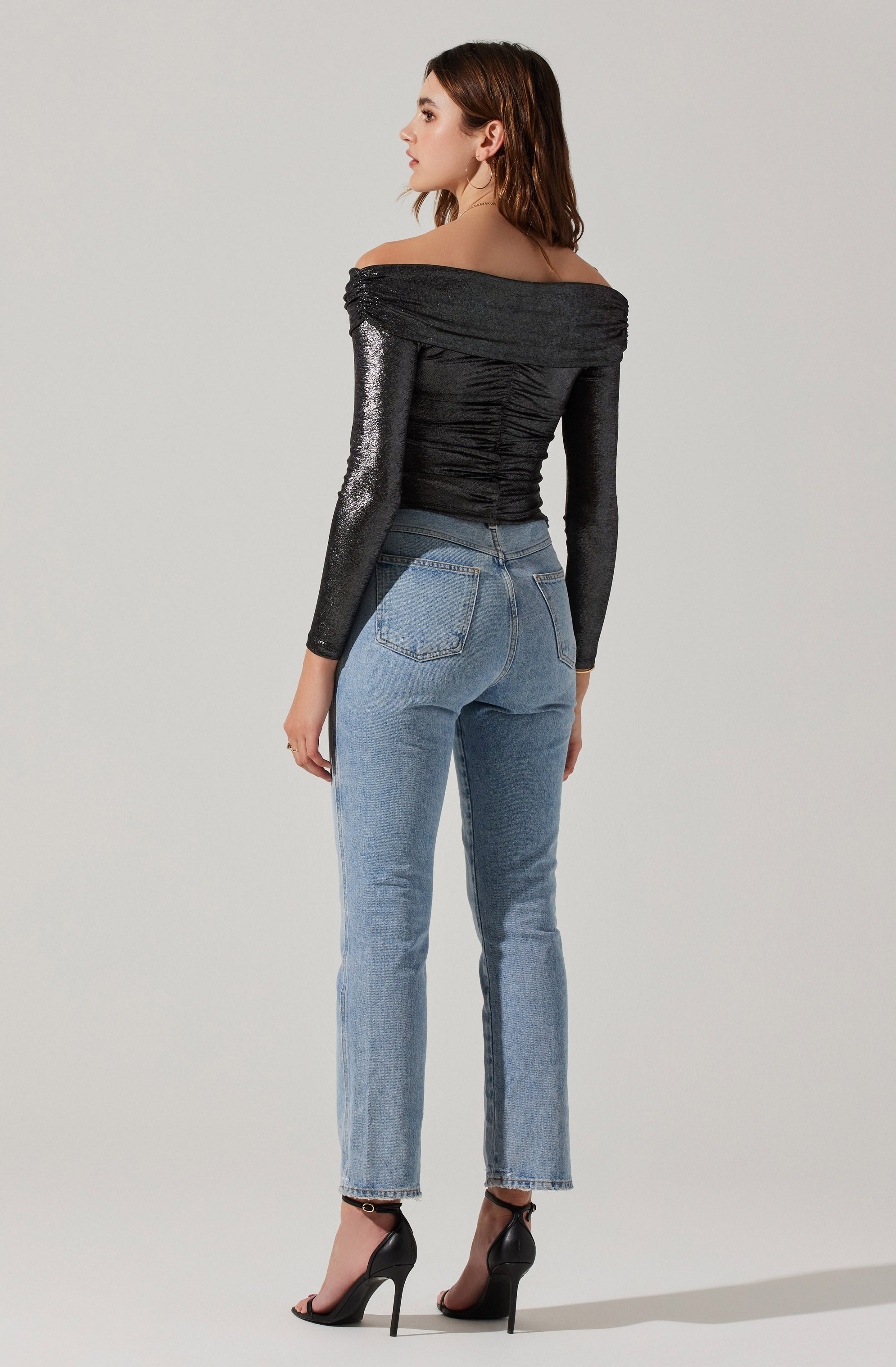 Frannie Metallic Ruched Off Shoulder Top-Aljck