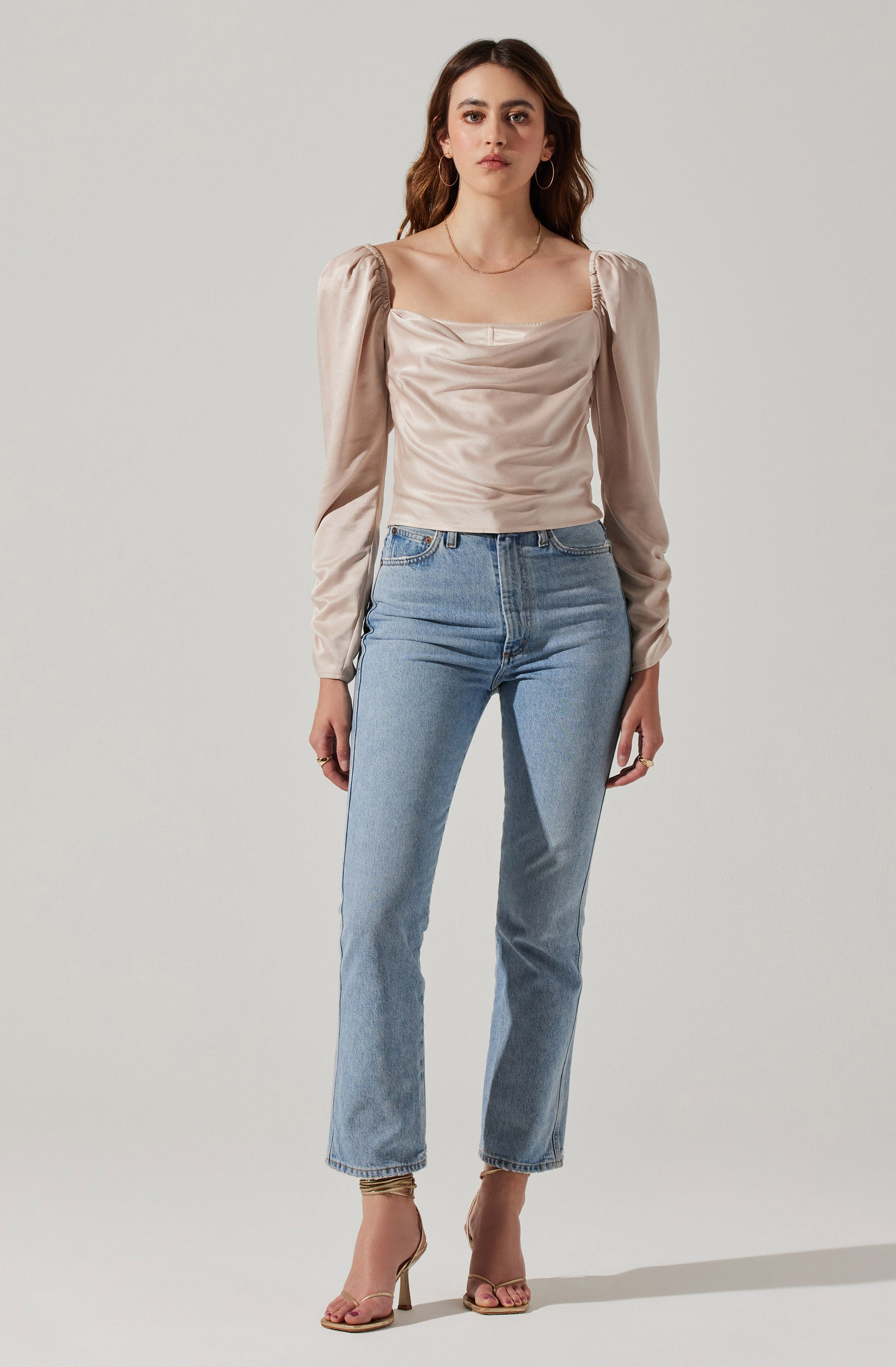 Katija Satin Cowl Neck Puff Sleeve Top-Aljck