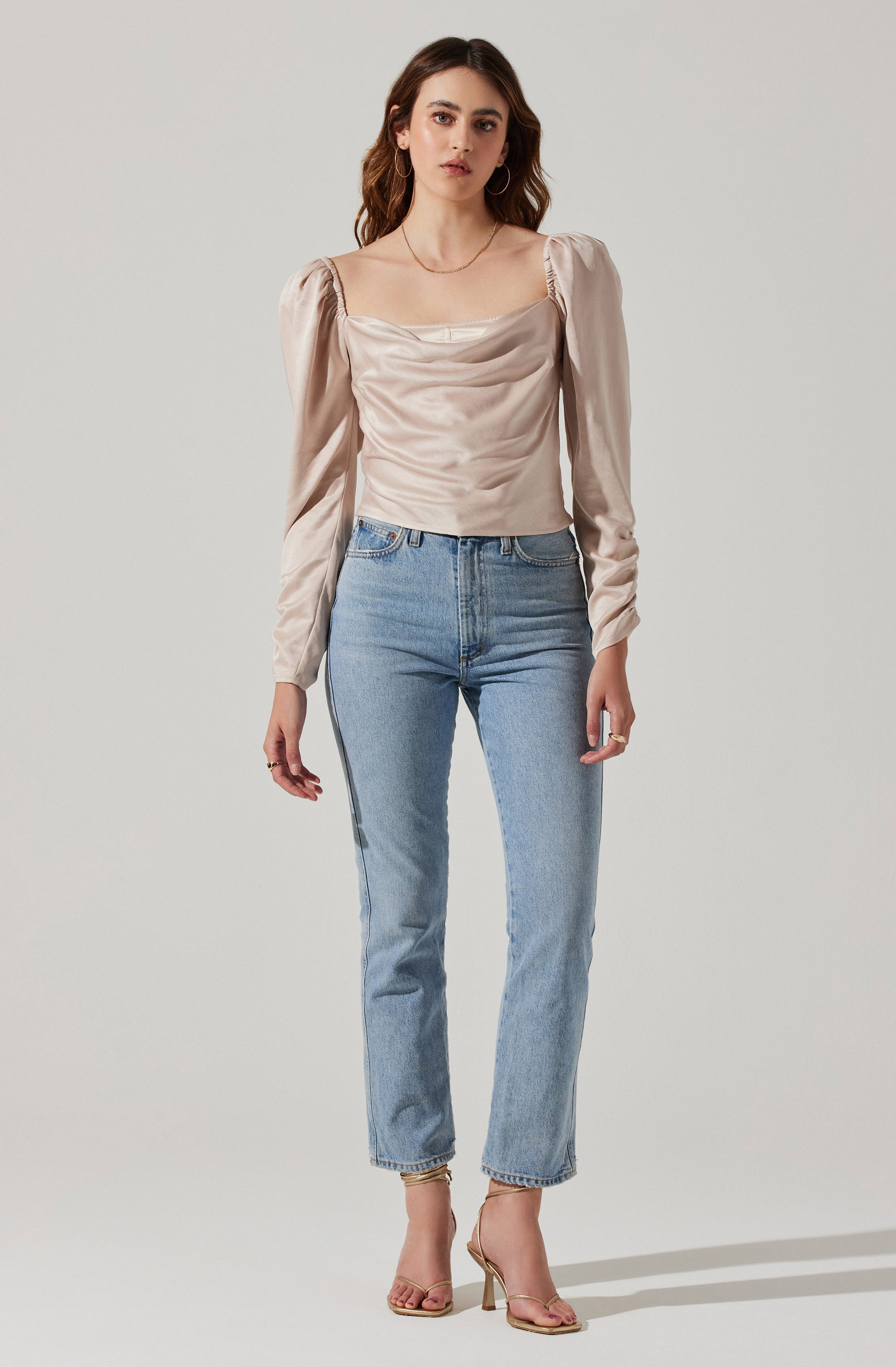 Katija Satin Cowl Neck Puff Sleeve Top-Aljck