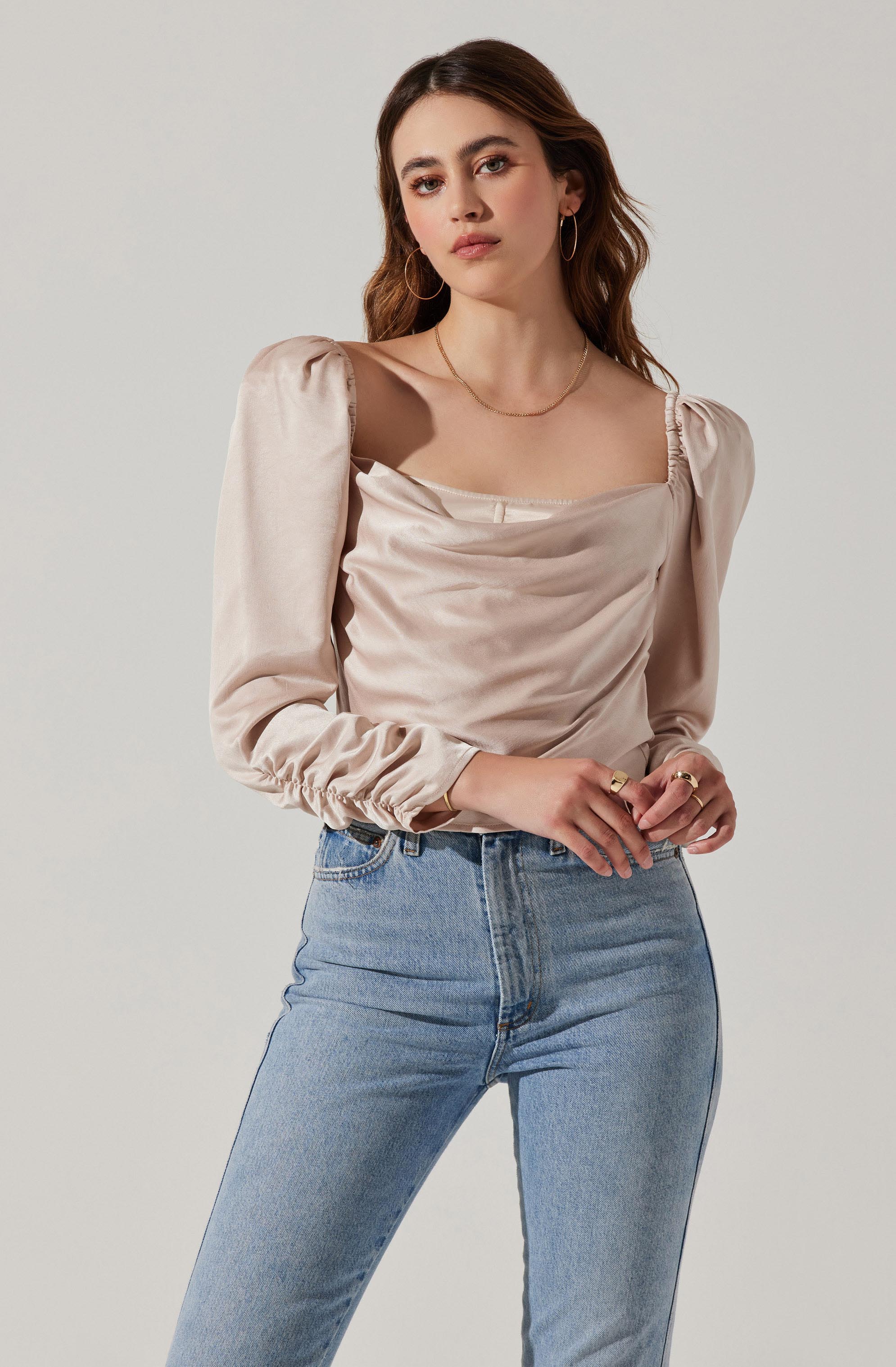 Katija Satin Cowl Neck Puff Sleeve Top-Aljck