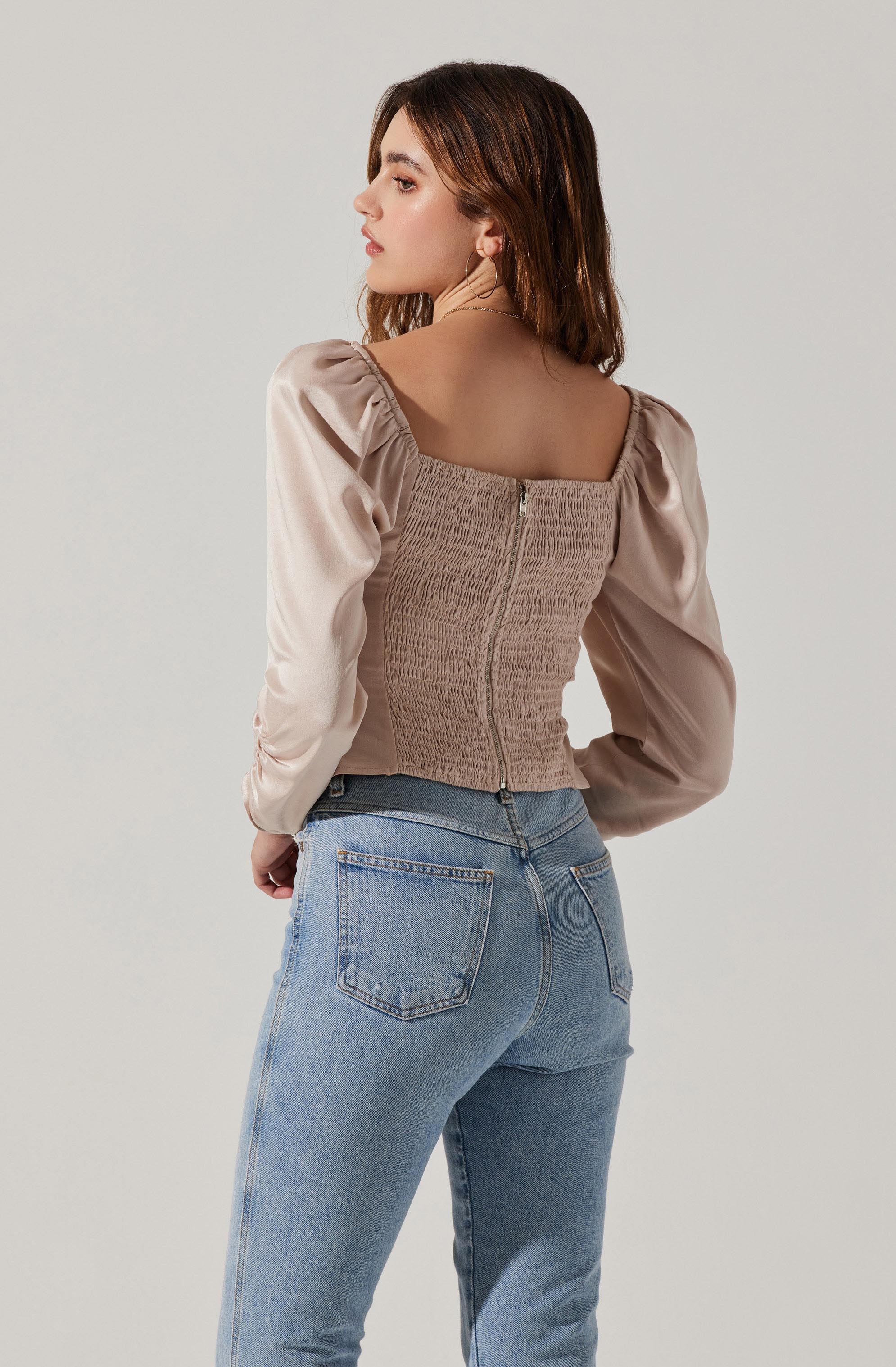 Katija Satin Cowl Neck Puff Sleeve Top-Aljck