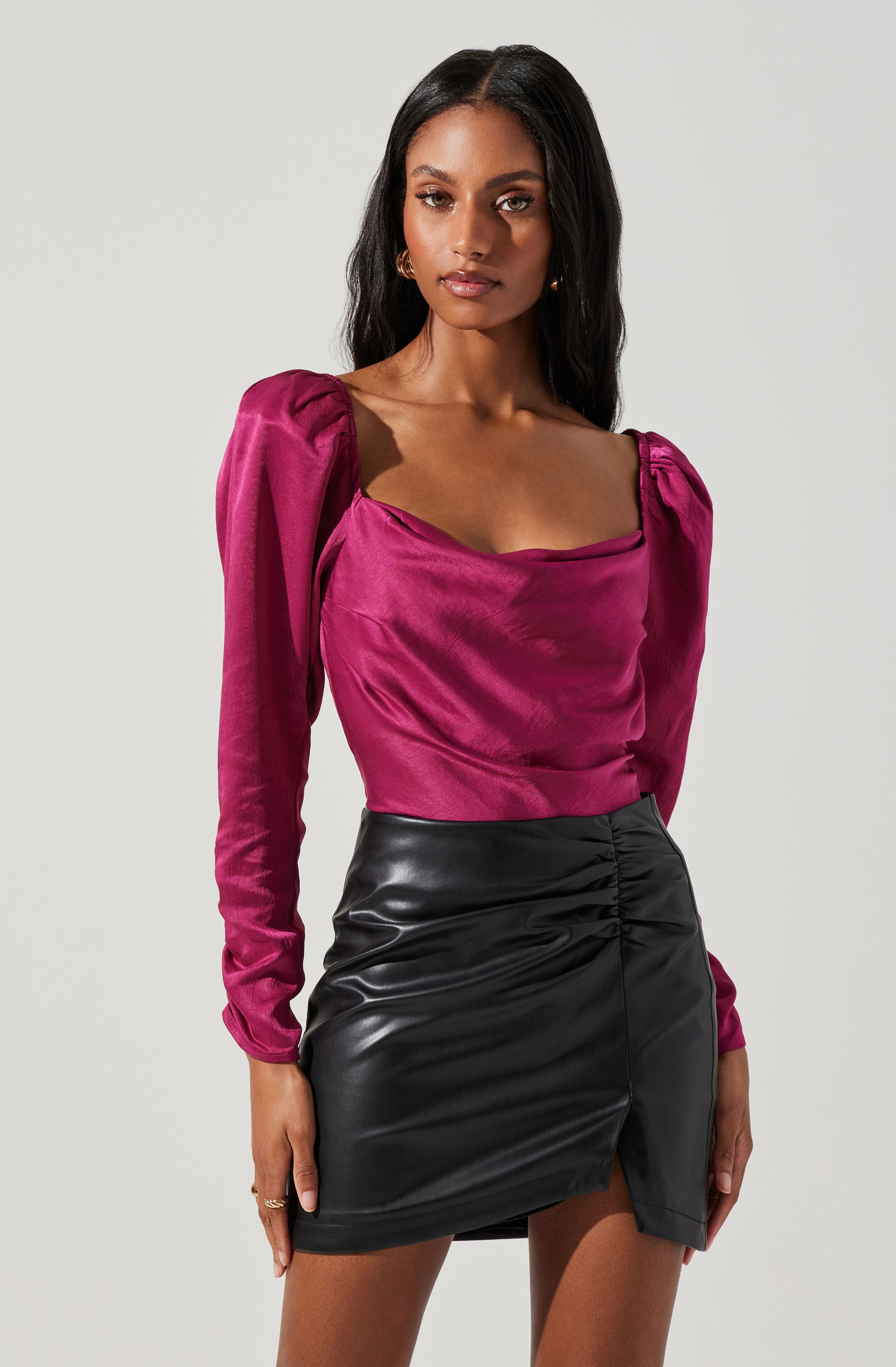 Katija Satin Cowl Neck Puff Sleeve Top-Aljck