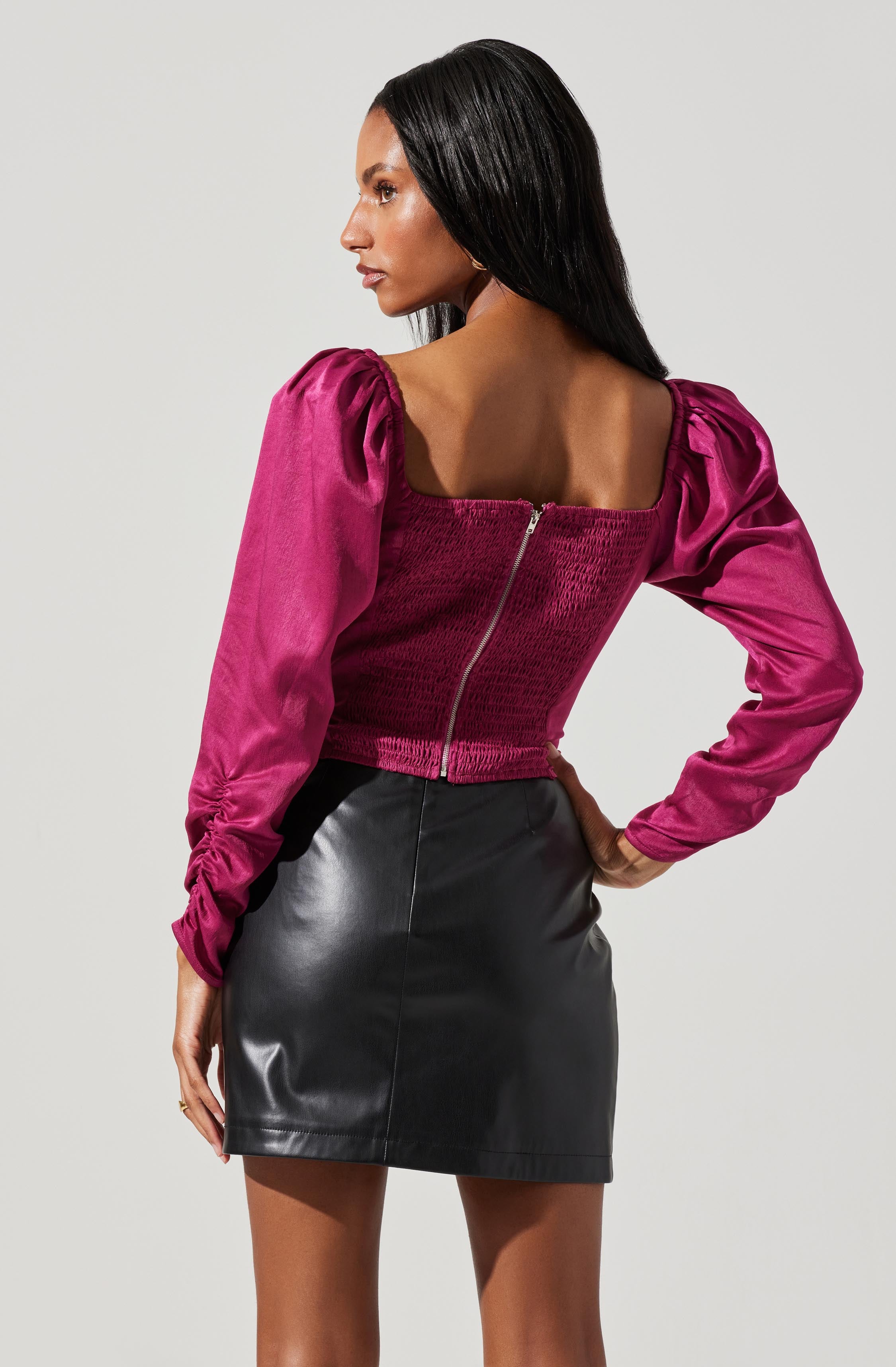 Katija Satin Cowl Neck Puff Sleeve Top-Aljck