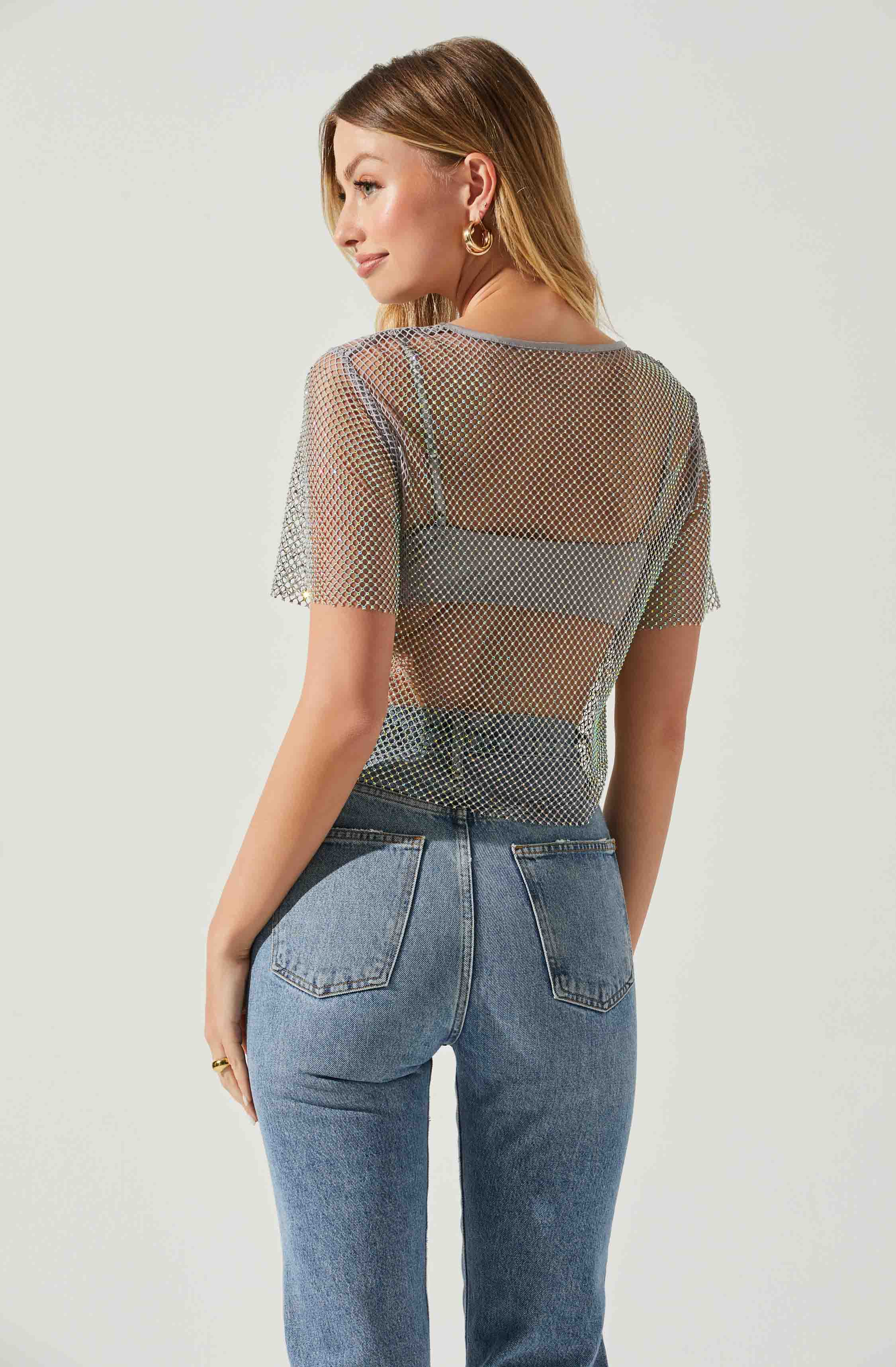 Mckay Rhinestone Mesh Short Sleeve Top-Aljck