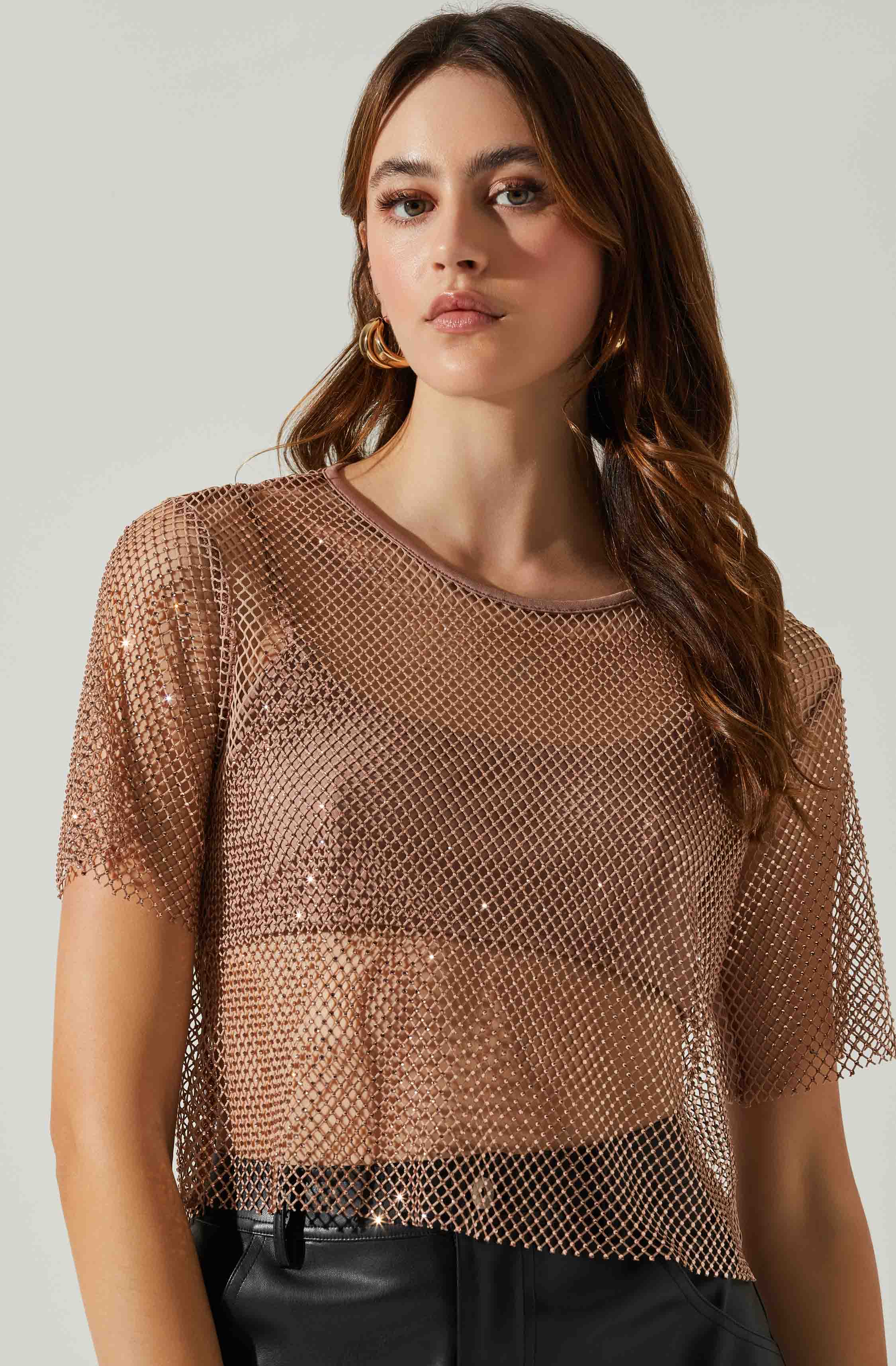 Mckay Rhinestone Mesh Short Sleeve Top-Aljck
