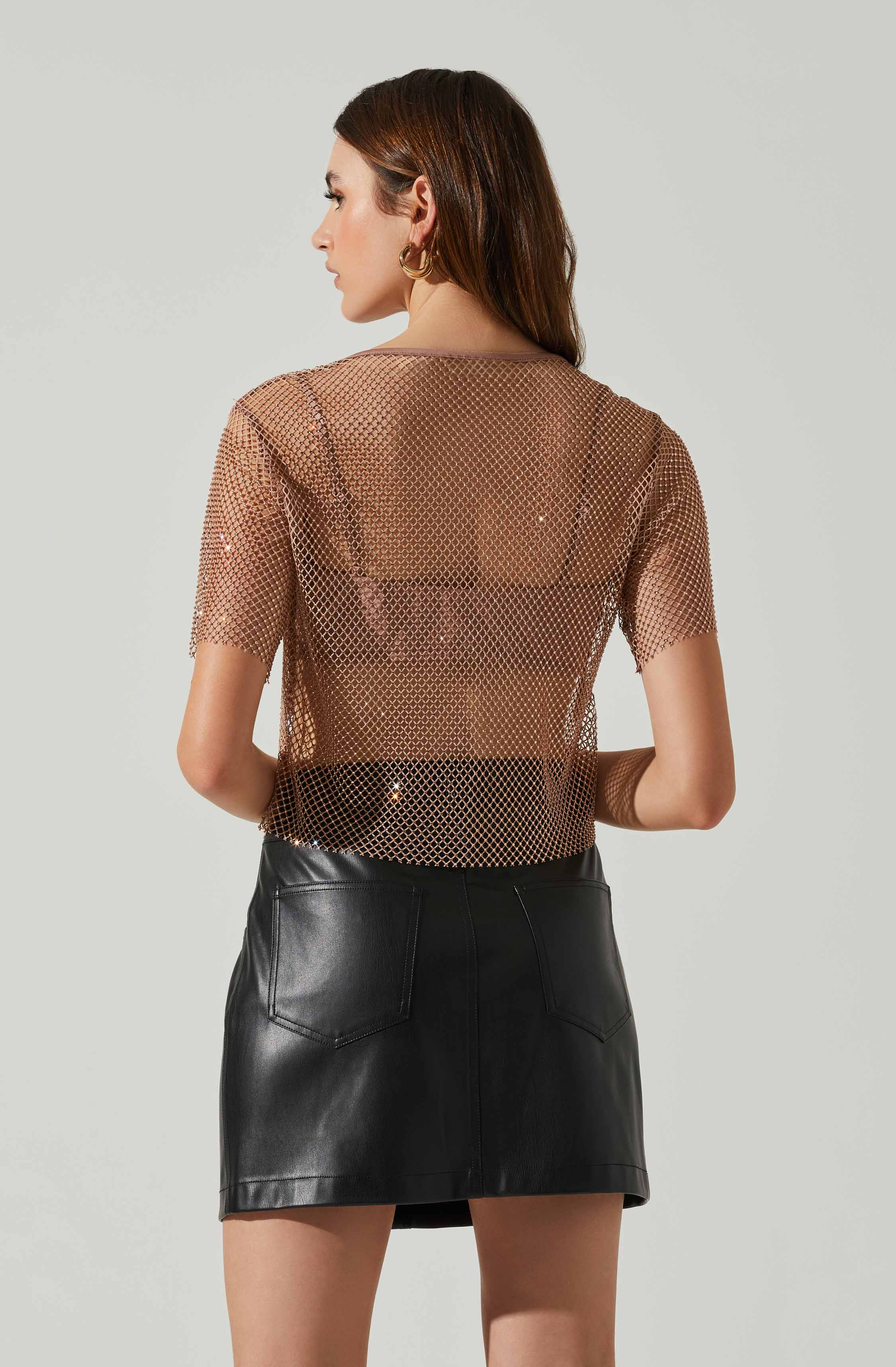 Mckay Rhinestone Mesh Short Sleeve Top-Aljck