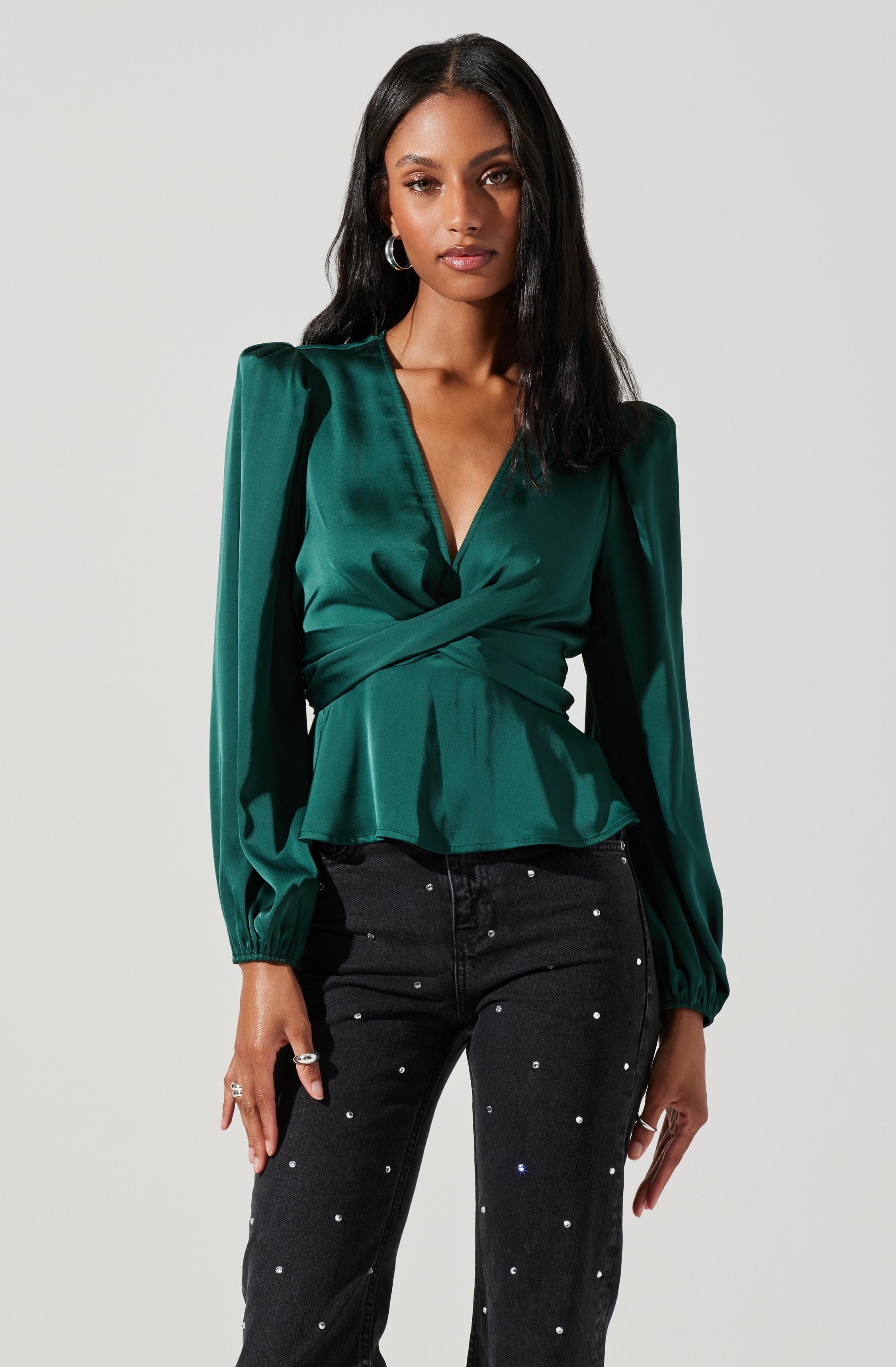 Eliana Satin Puff Sleeve Twist Front Top-Aljck
