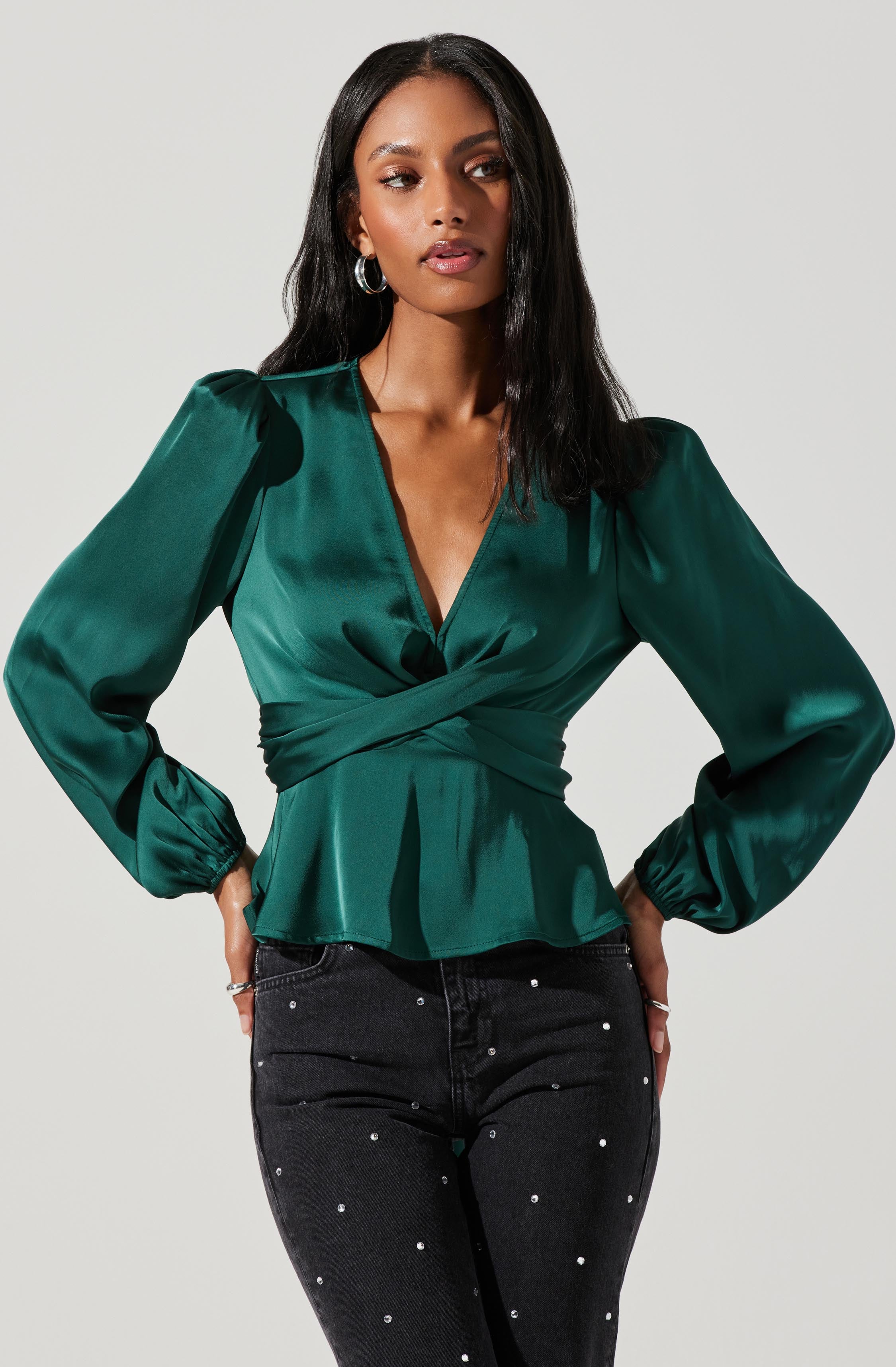 Eliana Satin Puff Sleeve Twist Front Top-Aljck