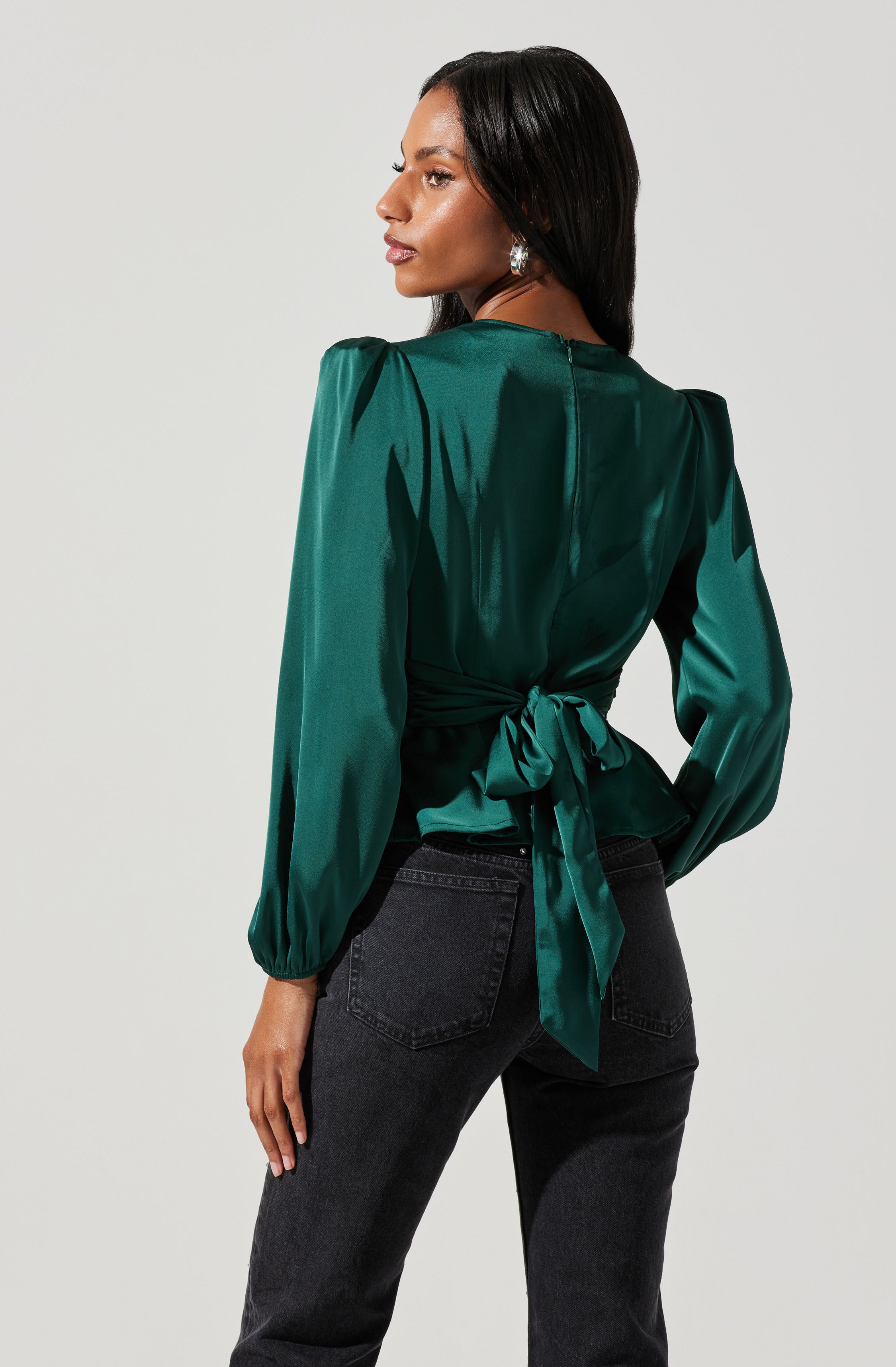Eliana Satin Puff Sleeve Twist Front Top-Aljck