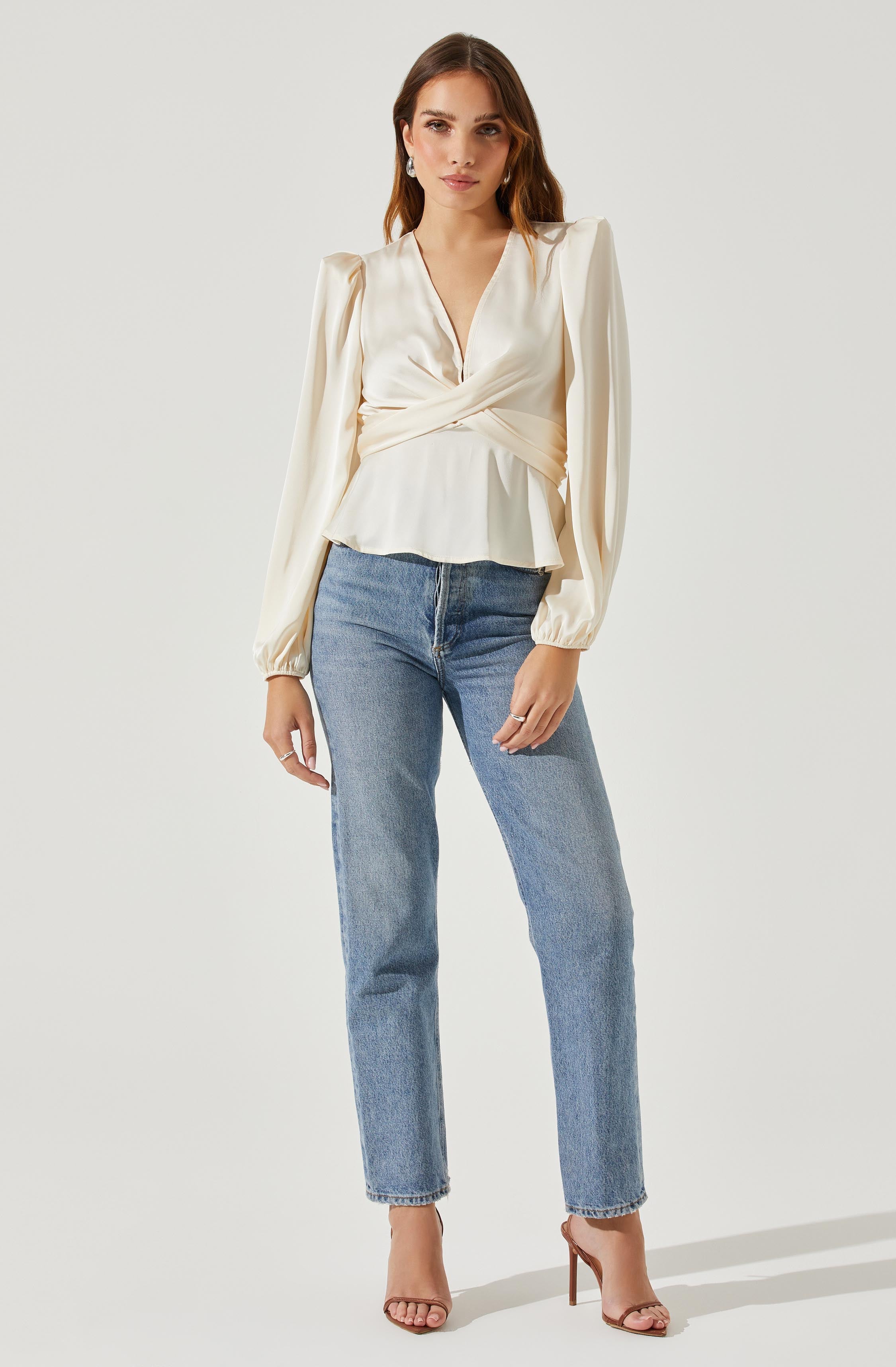 Eliana Satin Puff Sleeve Twist Front Top-Aljck