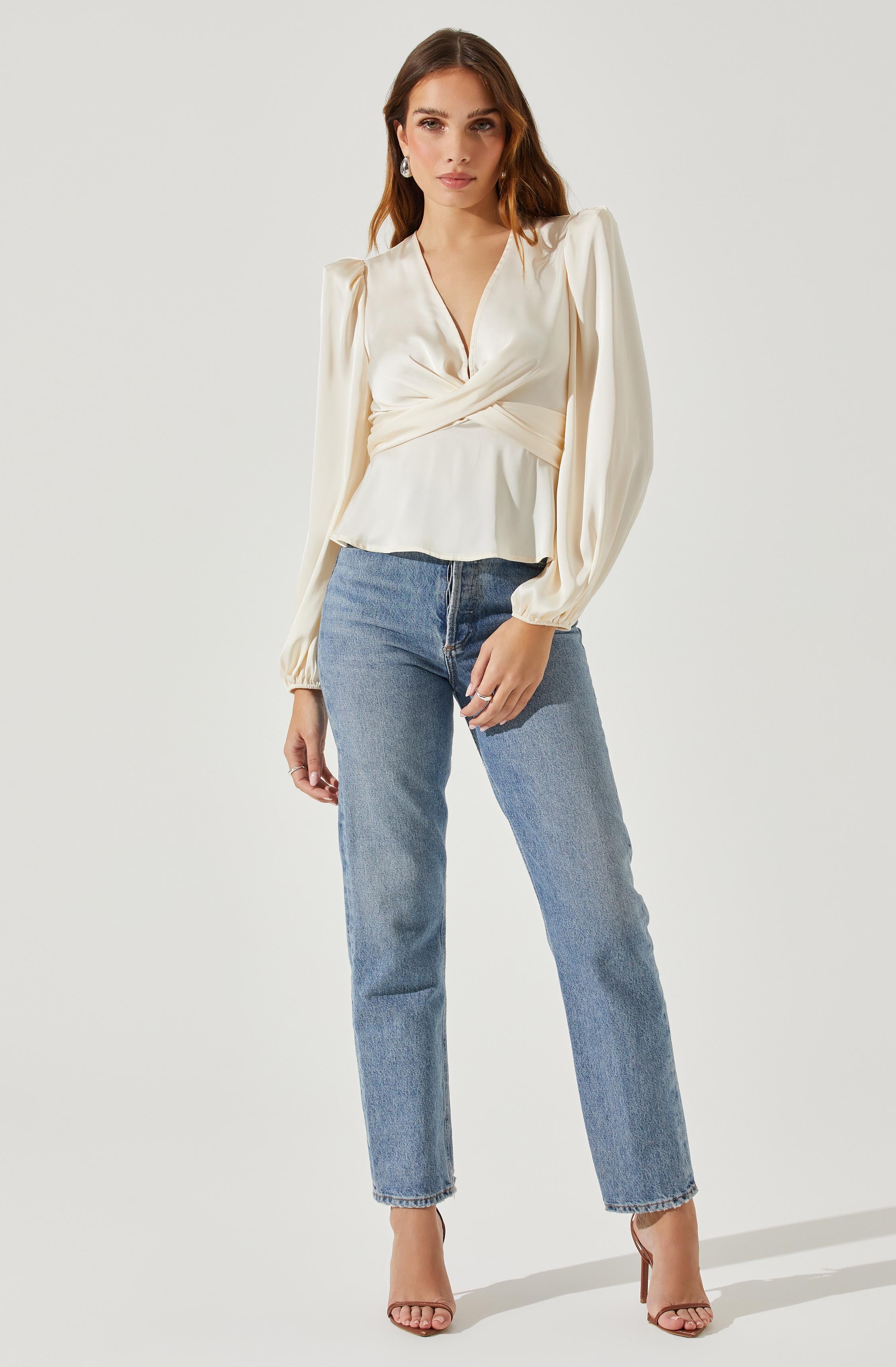 Eliana Satin Puff Sleeve Twist Front Top-Aljck