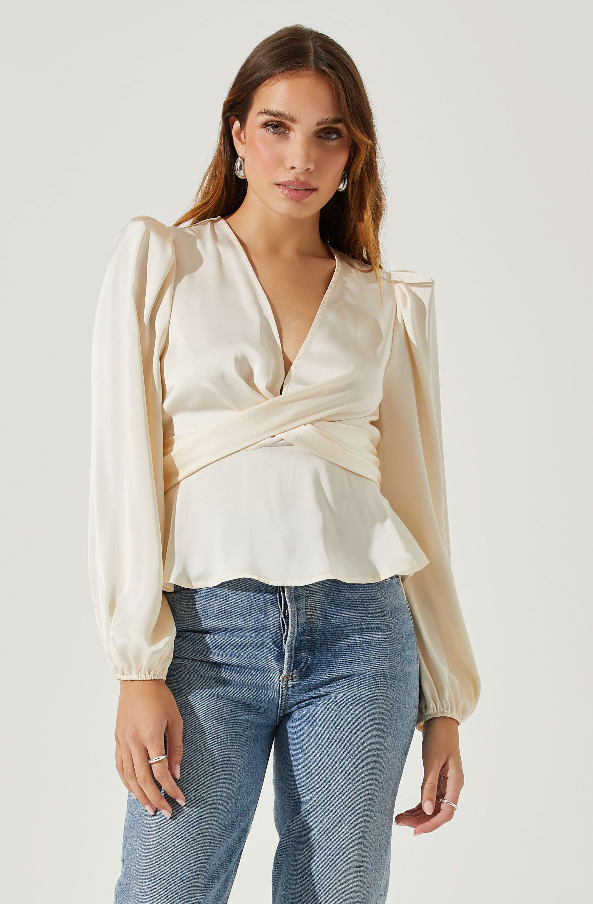 Eliana Satin Puff Sleeve Twist Front Top-Aljck