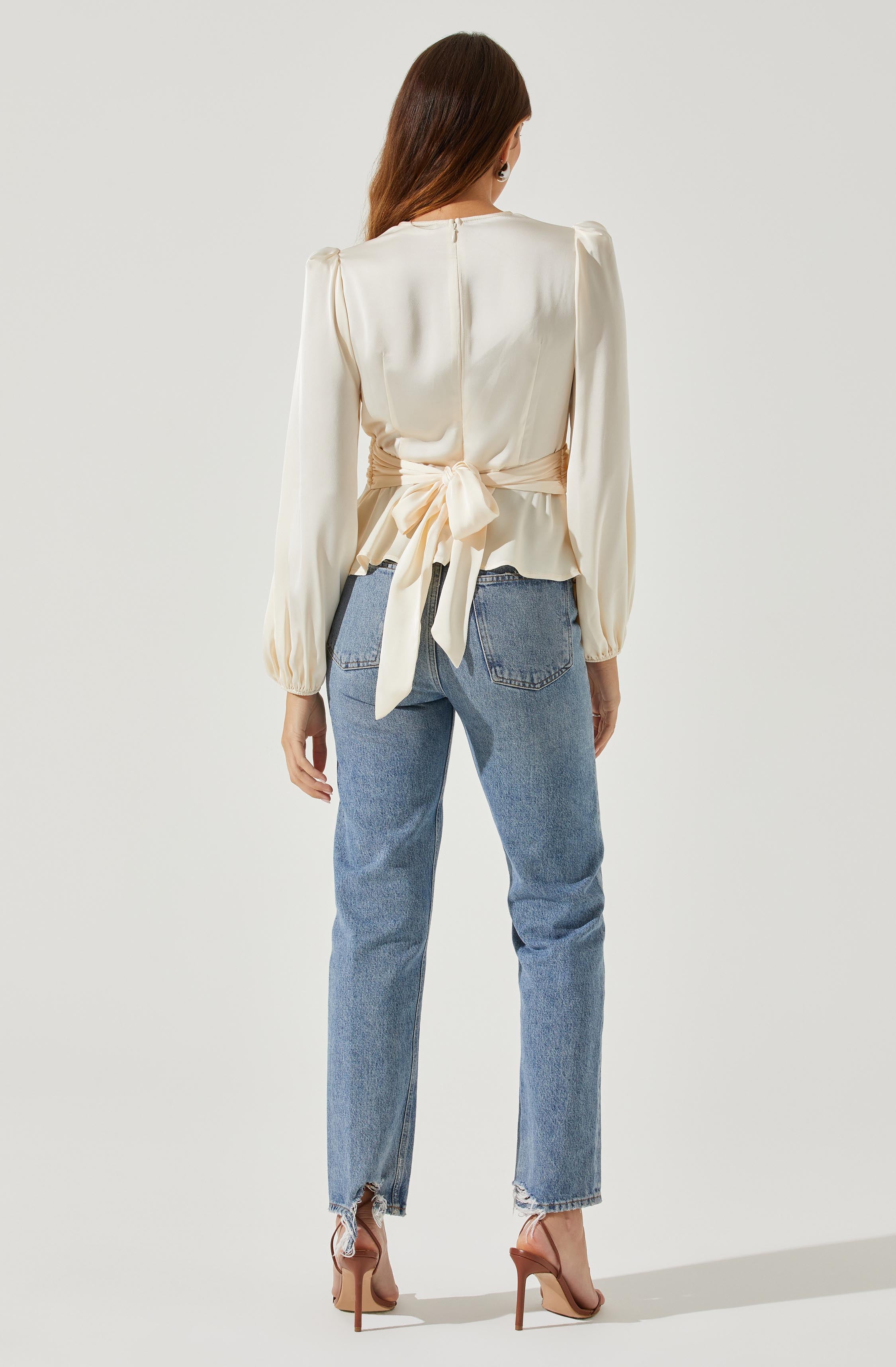 Eliana Satin Puff Sleeve Twist Front Top-Aljck