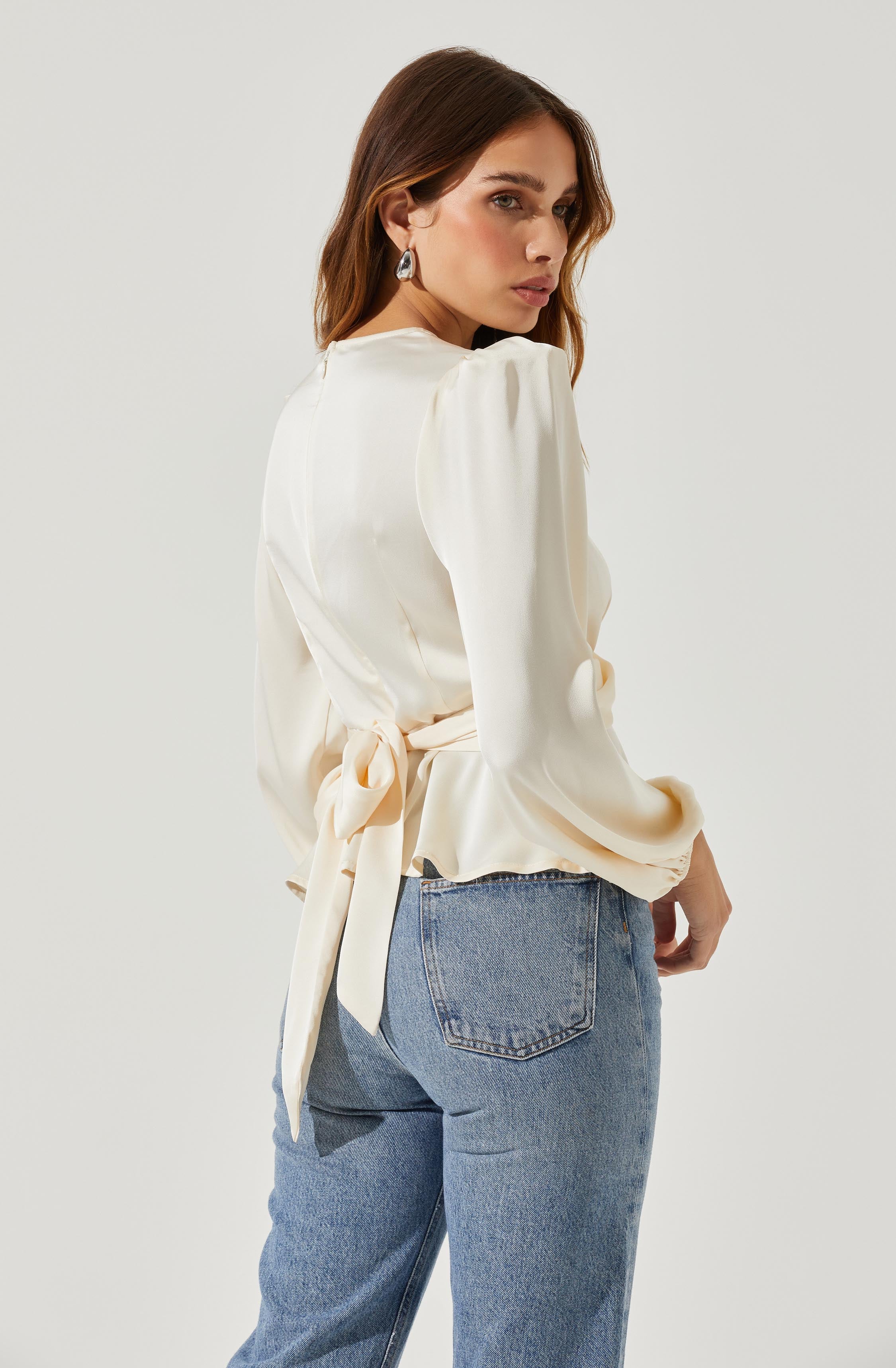 Eliana Satin Puff Sleeve Twist Front Top-Aljck