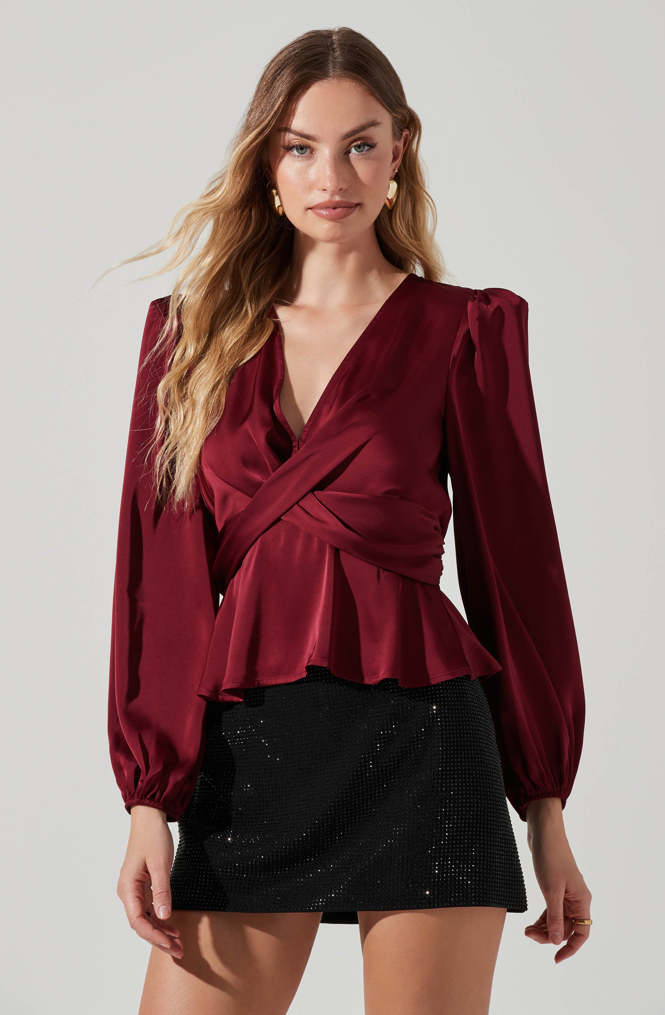 Eliana Satin Puff Sleeve Twist Front Top-Aljck