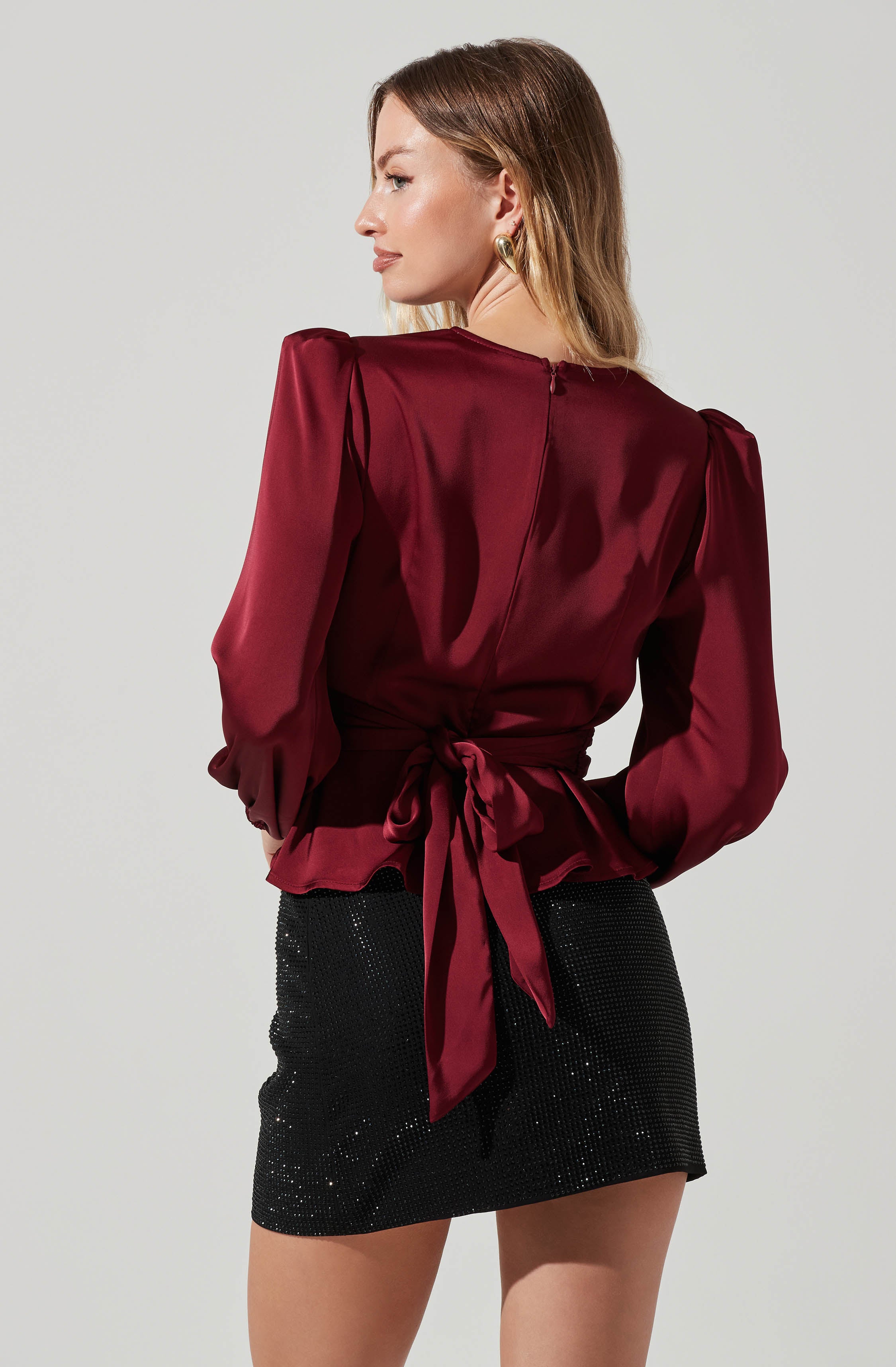 Eliana Satin Puff Sleeve Twist Front Top-Aljck