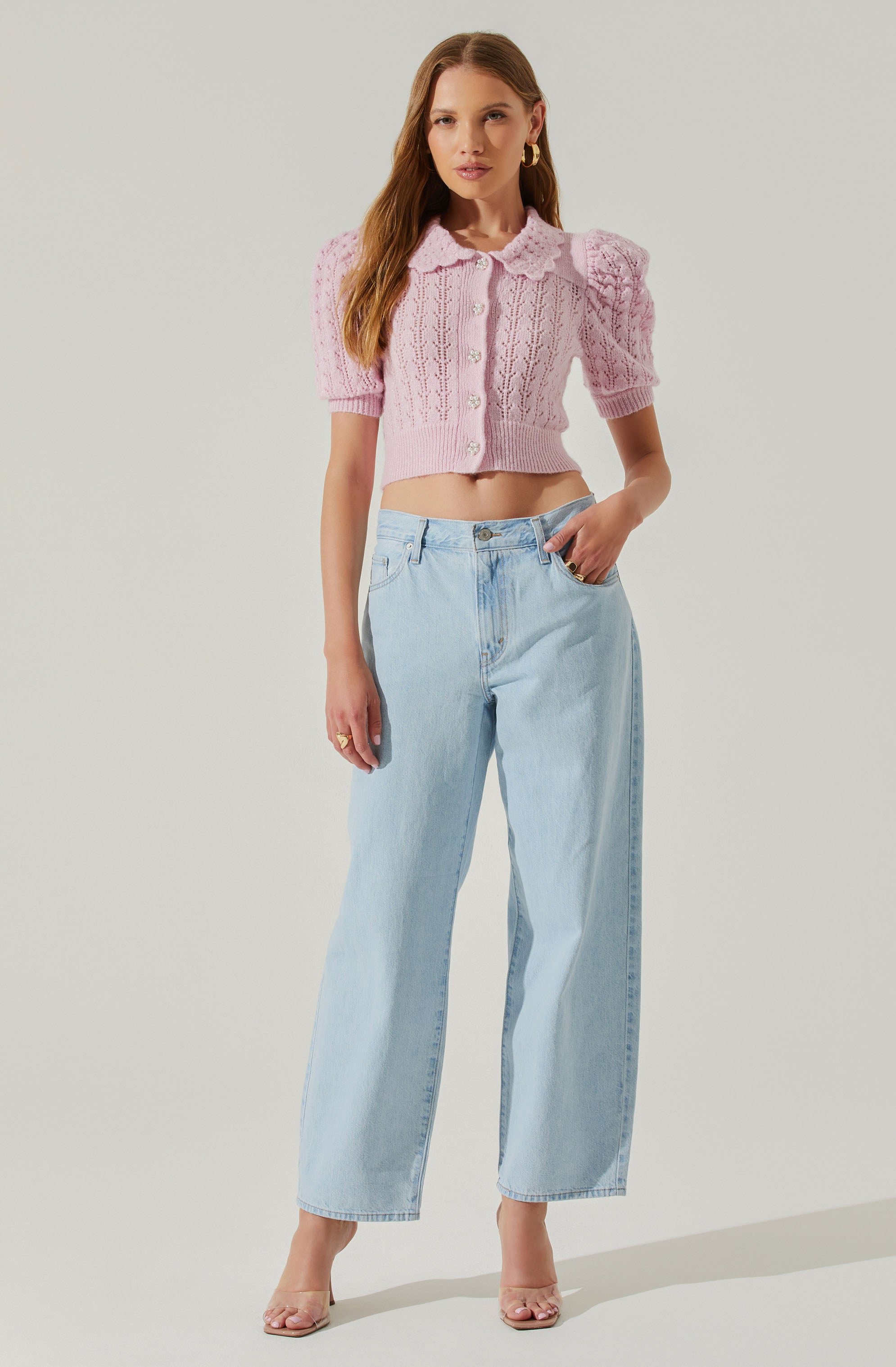 Dallyn Pointelle Collared Short Sleeve Sweater-Aljck