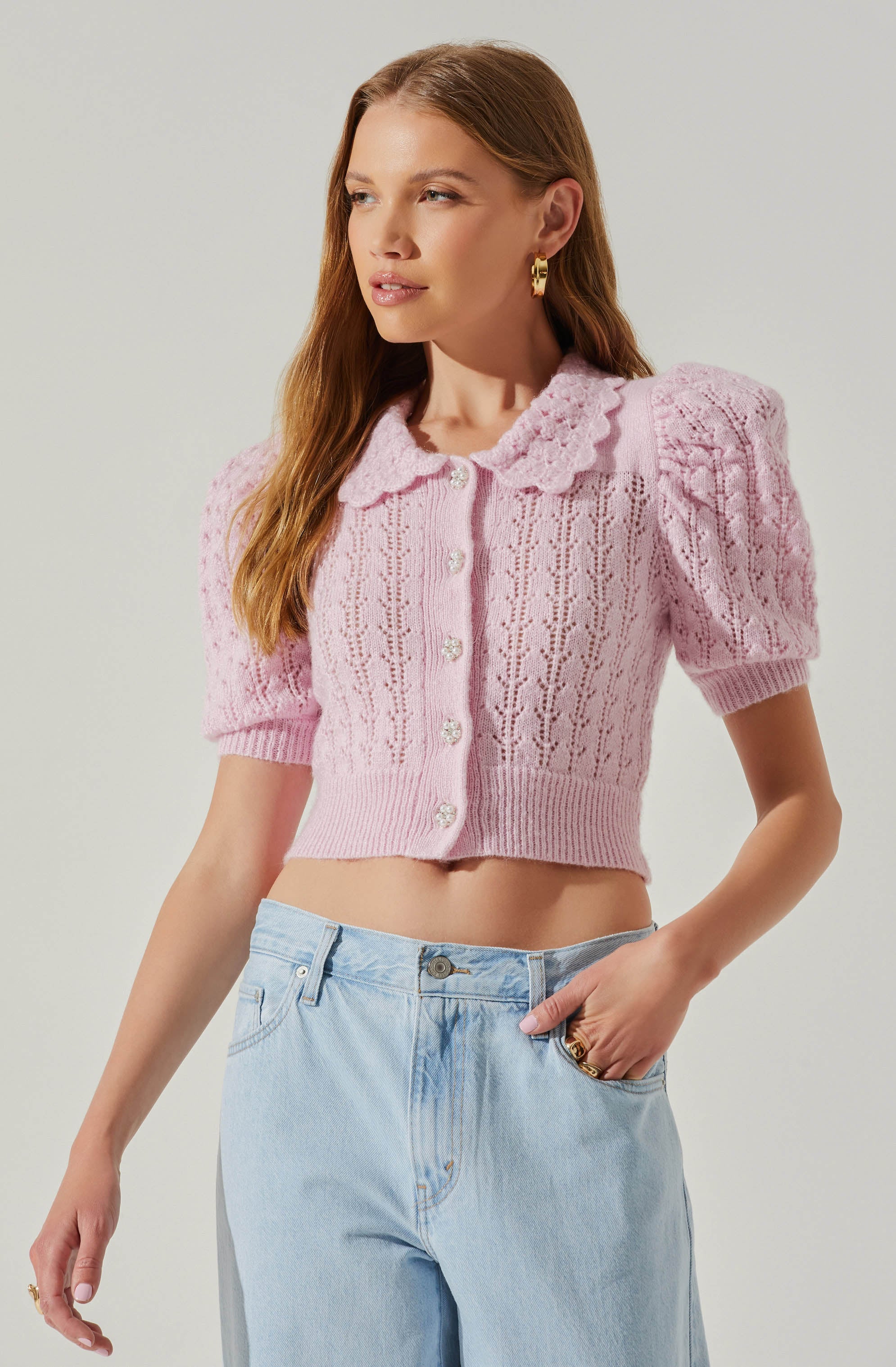 Dallyn Pointelle Collared Short Sleeve Sweater-Aljck