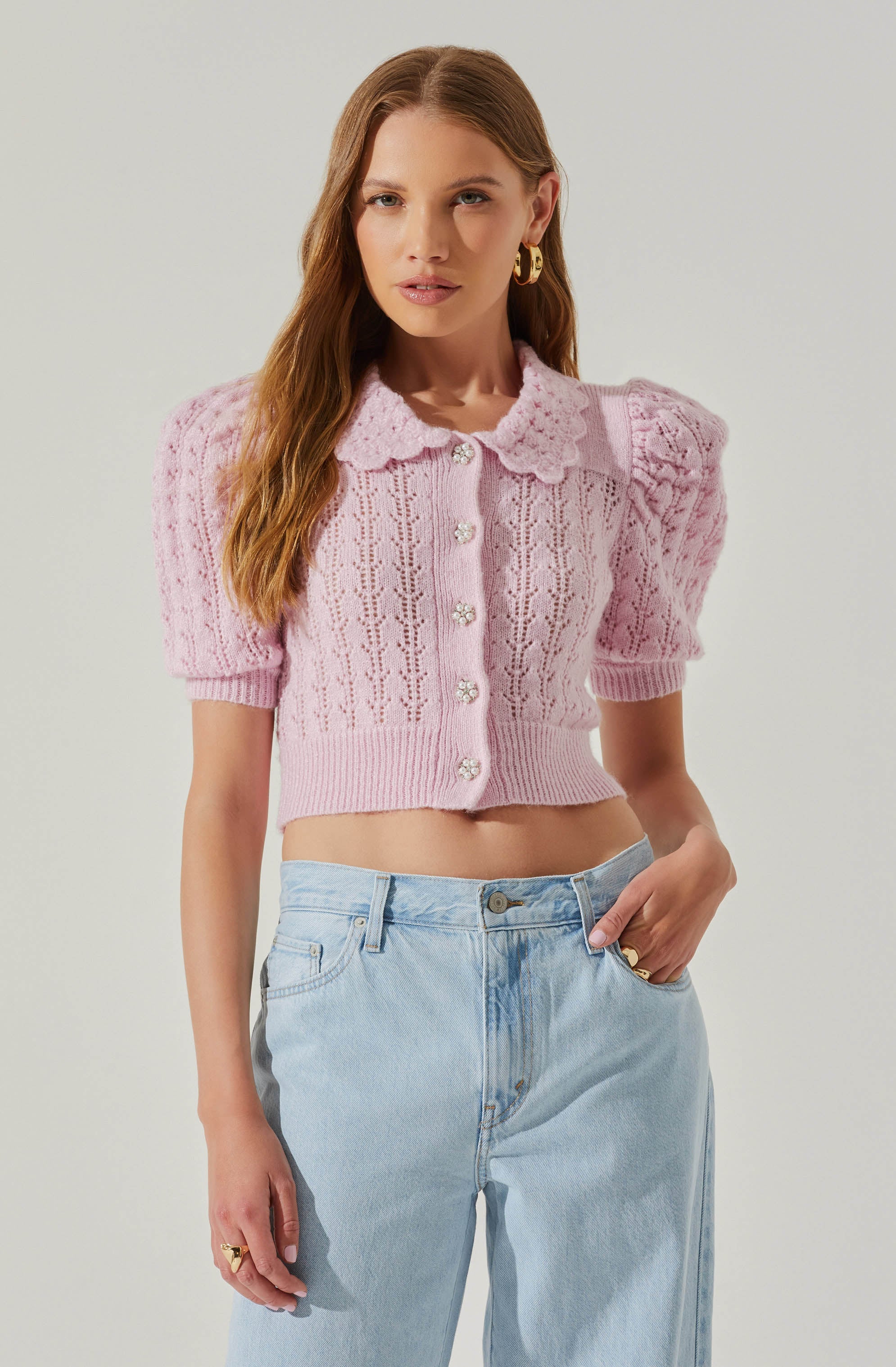 Dallyn Pointelle Collared Short Sleeve Sweater-Aljck