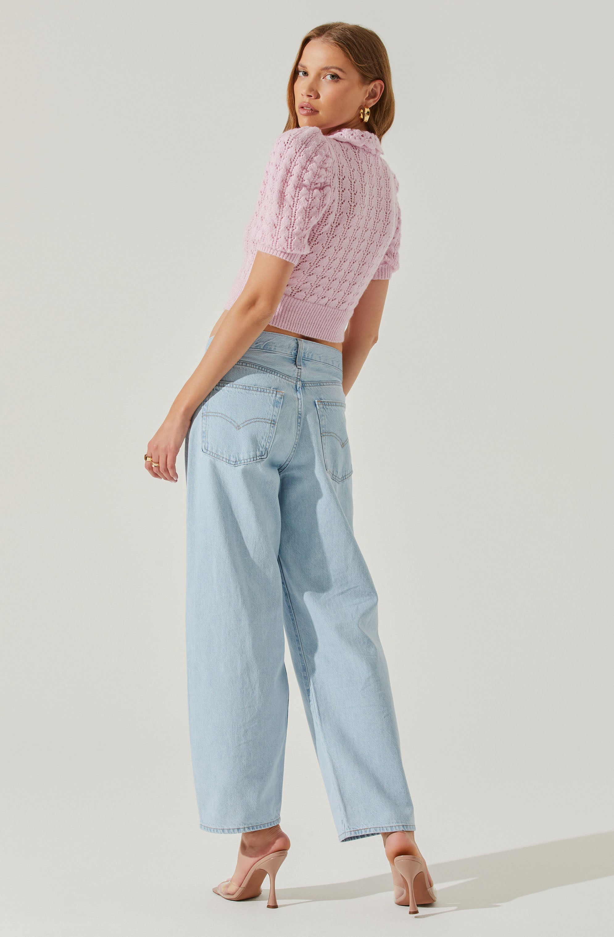 Dallyn Pointelle Collared Short Sleeve Sweater-Aljck