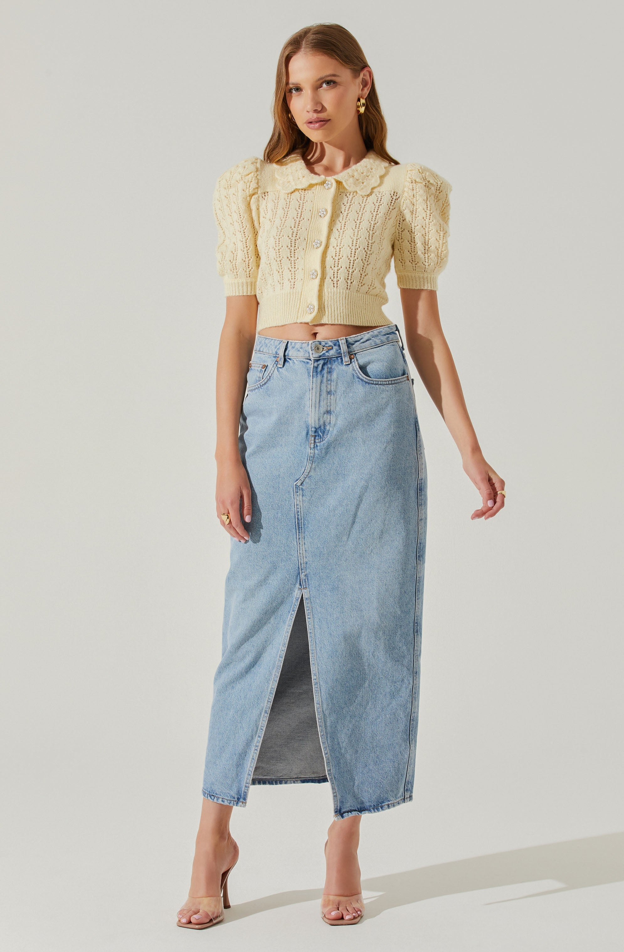 Dallyn Pointelle Collared Short Sleeve Sweater-Aljck