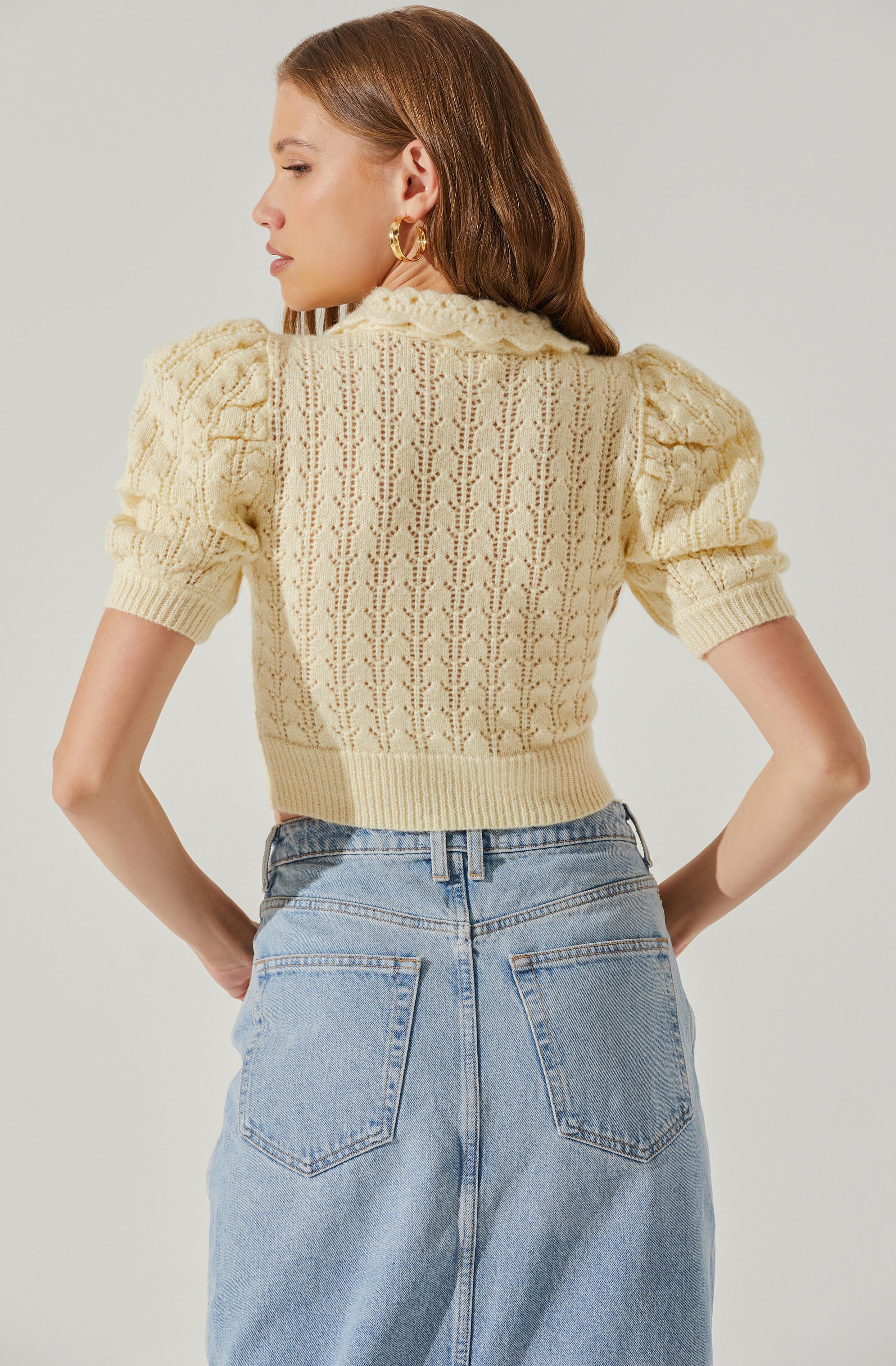 Dallyn Pointelle Collared Short Sleeve Sweater-Aljck