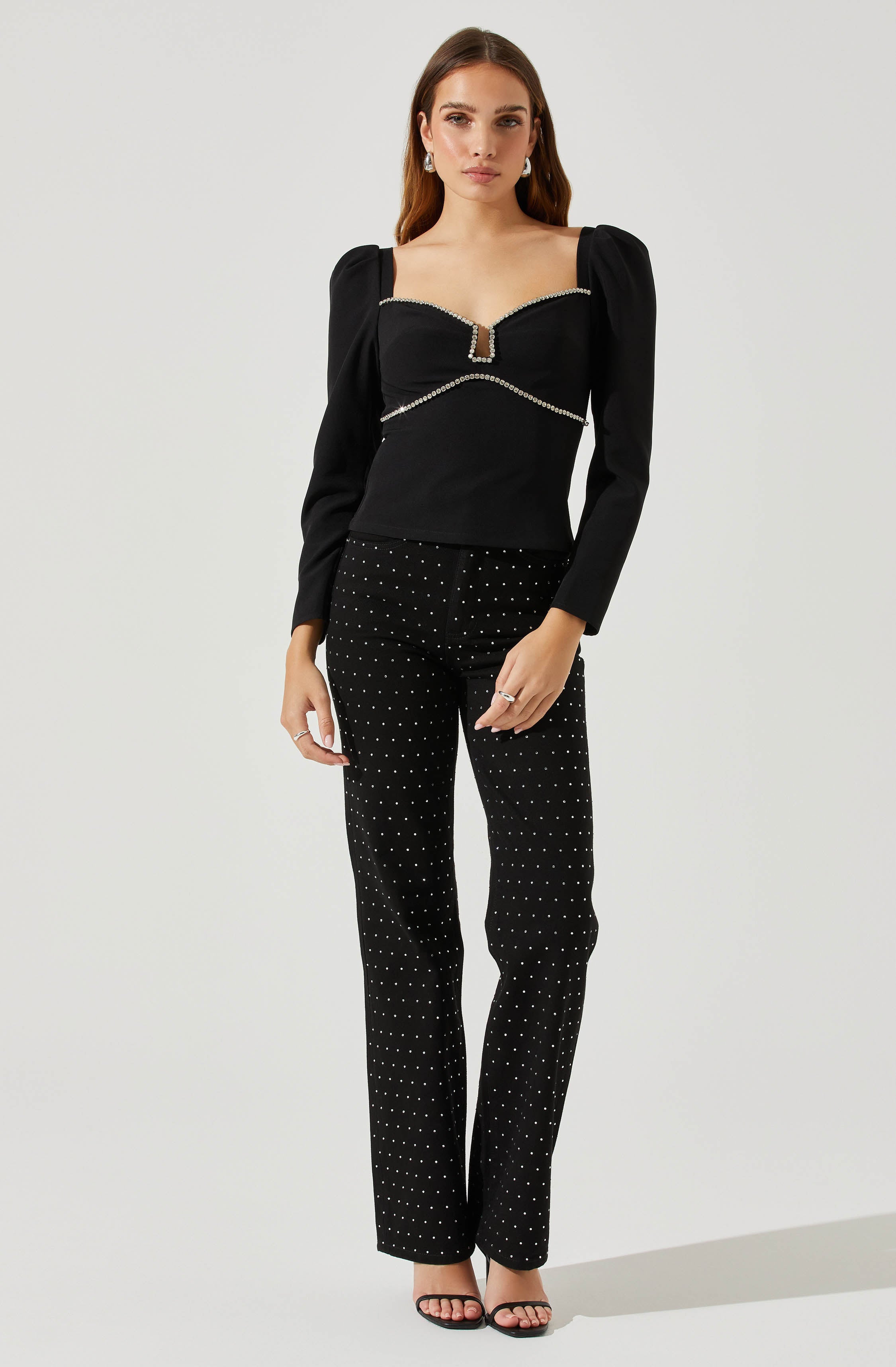 Anabelle Rhinestone Trim Puff Sleeve Top-Aljck