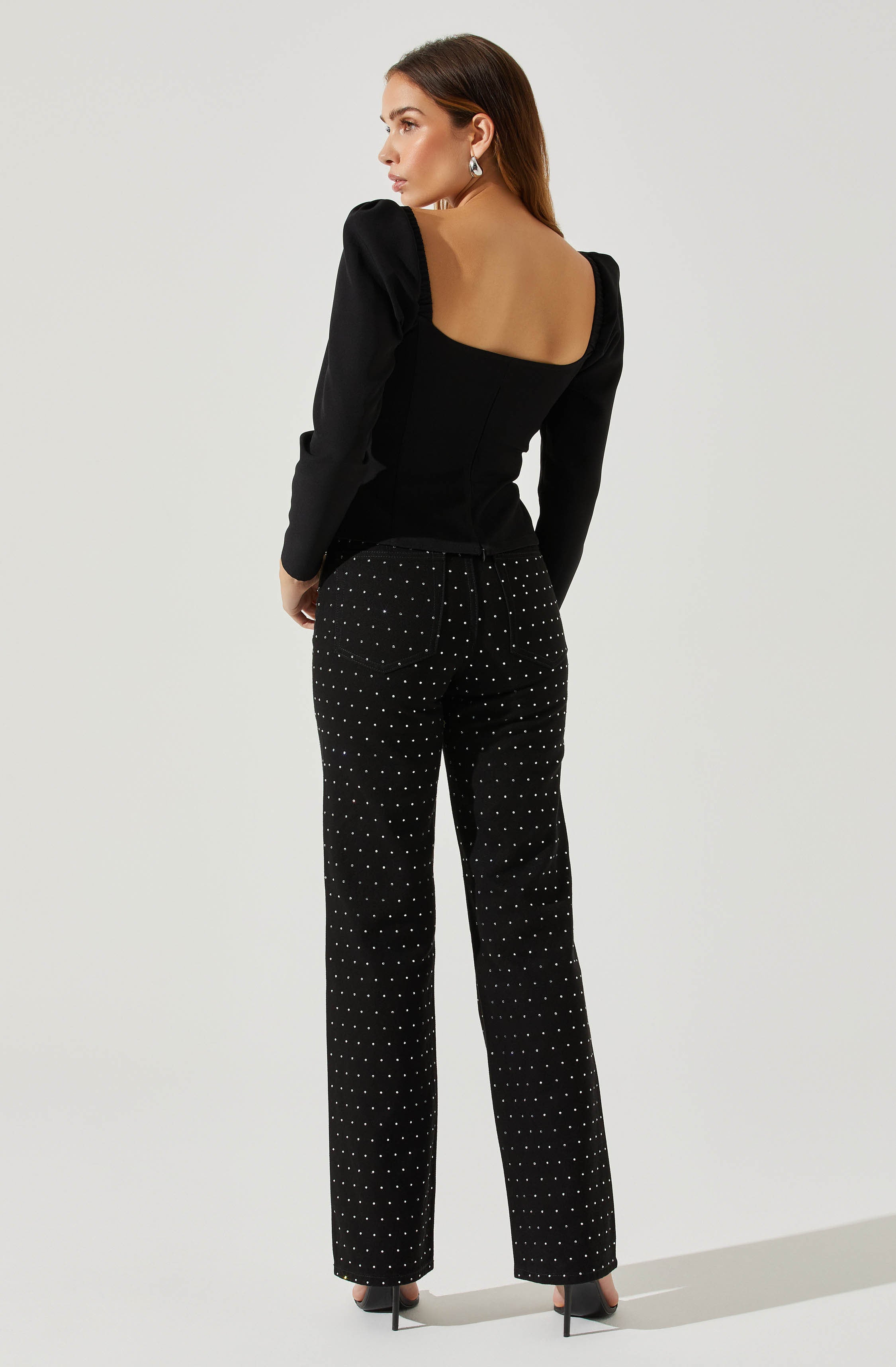 Anabelle Rhinestone Trim Puff Sleeve Top-Aljck