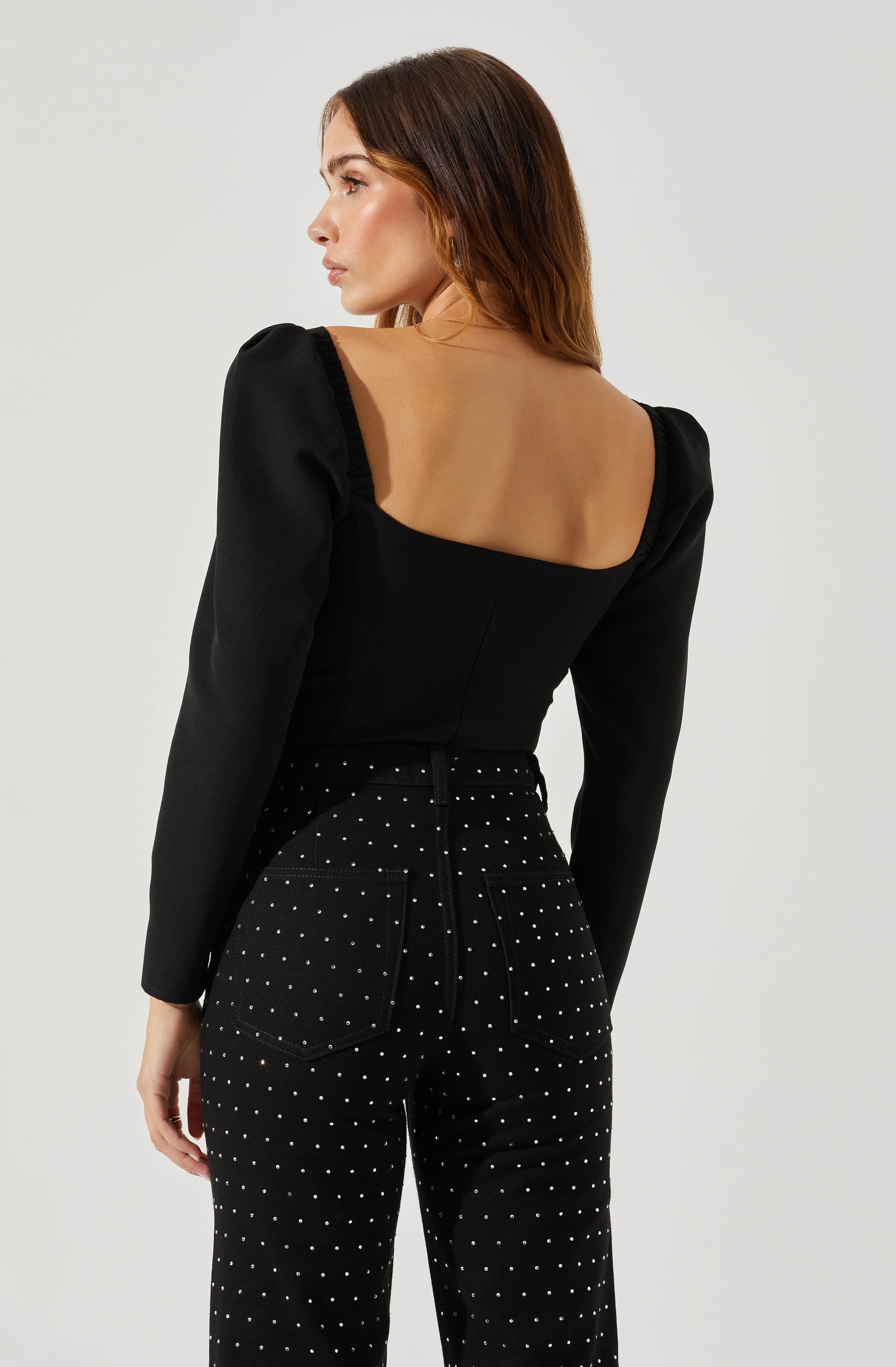 Anabelle Rhinestone Trim Puff Sleeve Top-Aljck