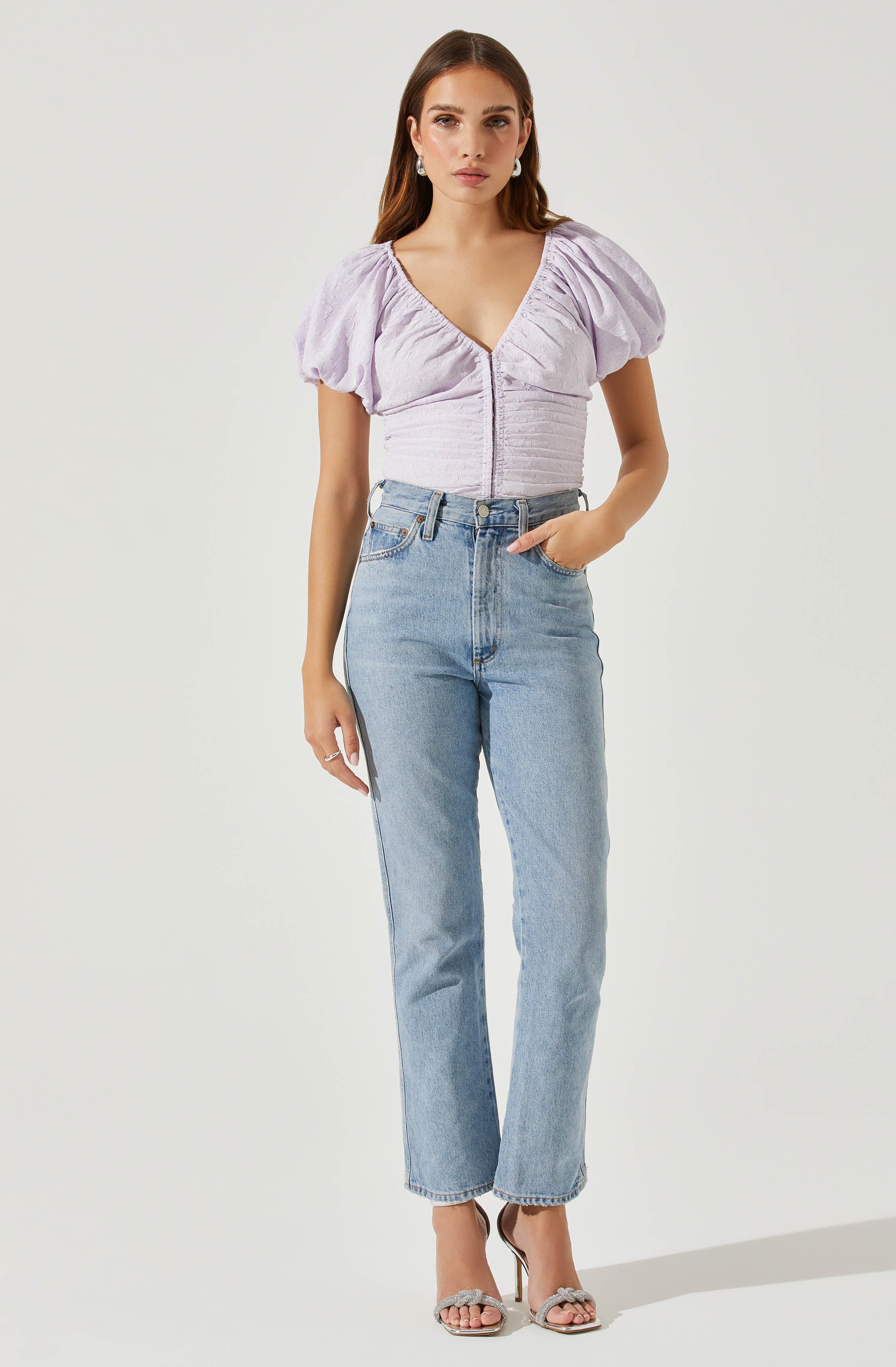 Tameka Textured Ruched Puff Sleeve Top-Aljck