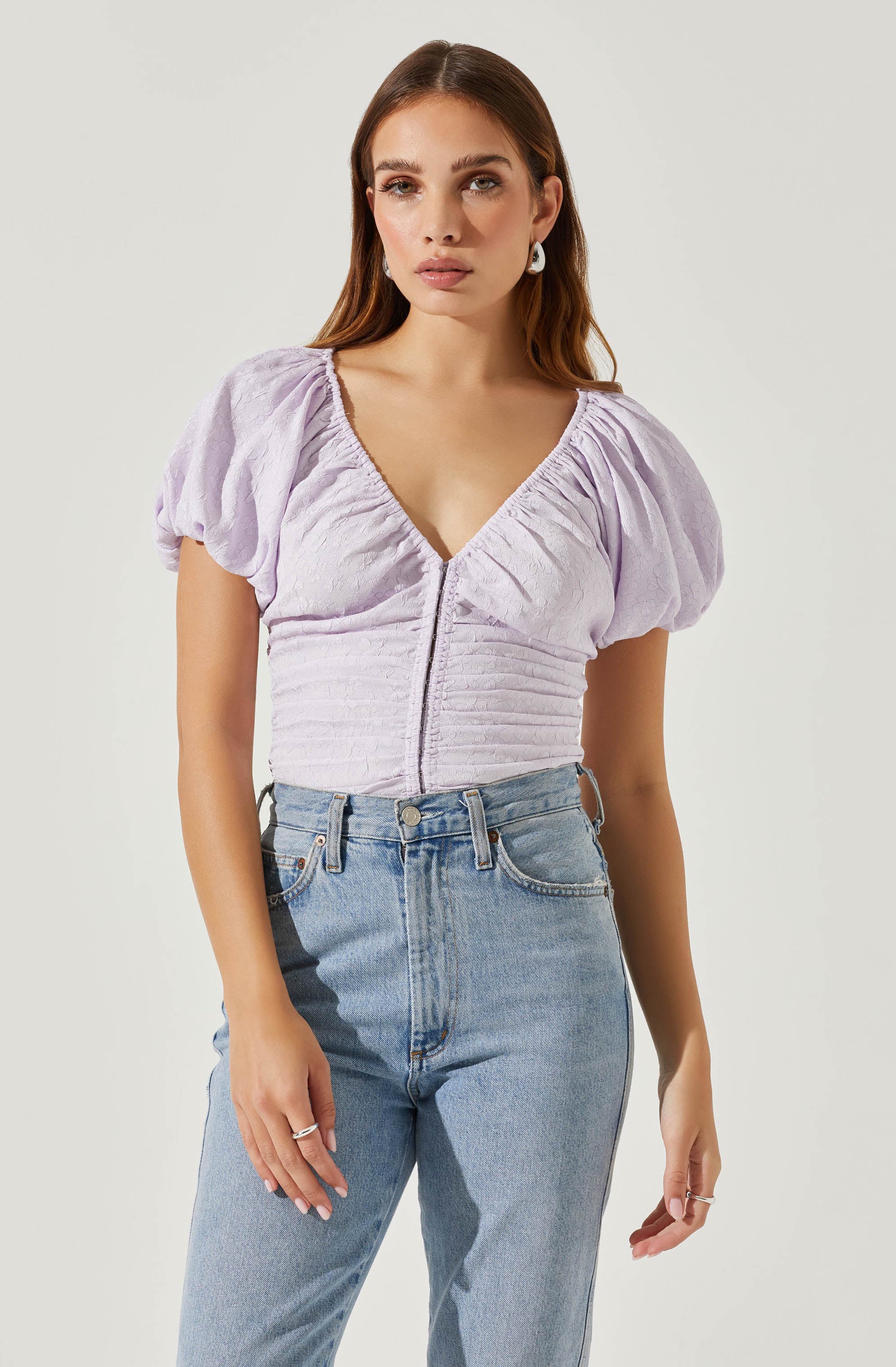 Tameka Textured Ruched Puff Sleeve Top-Aljck