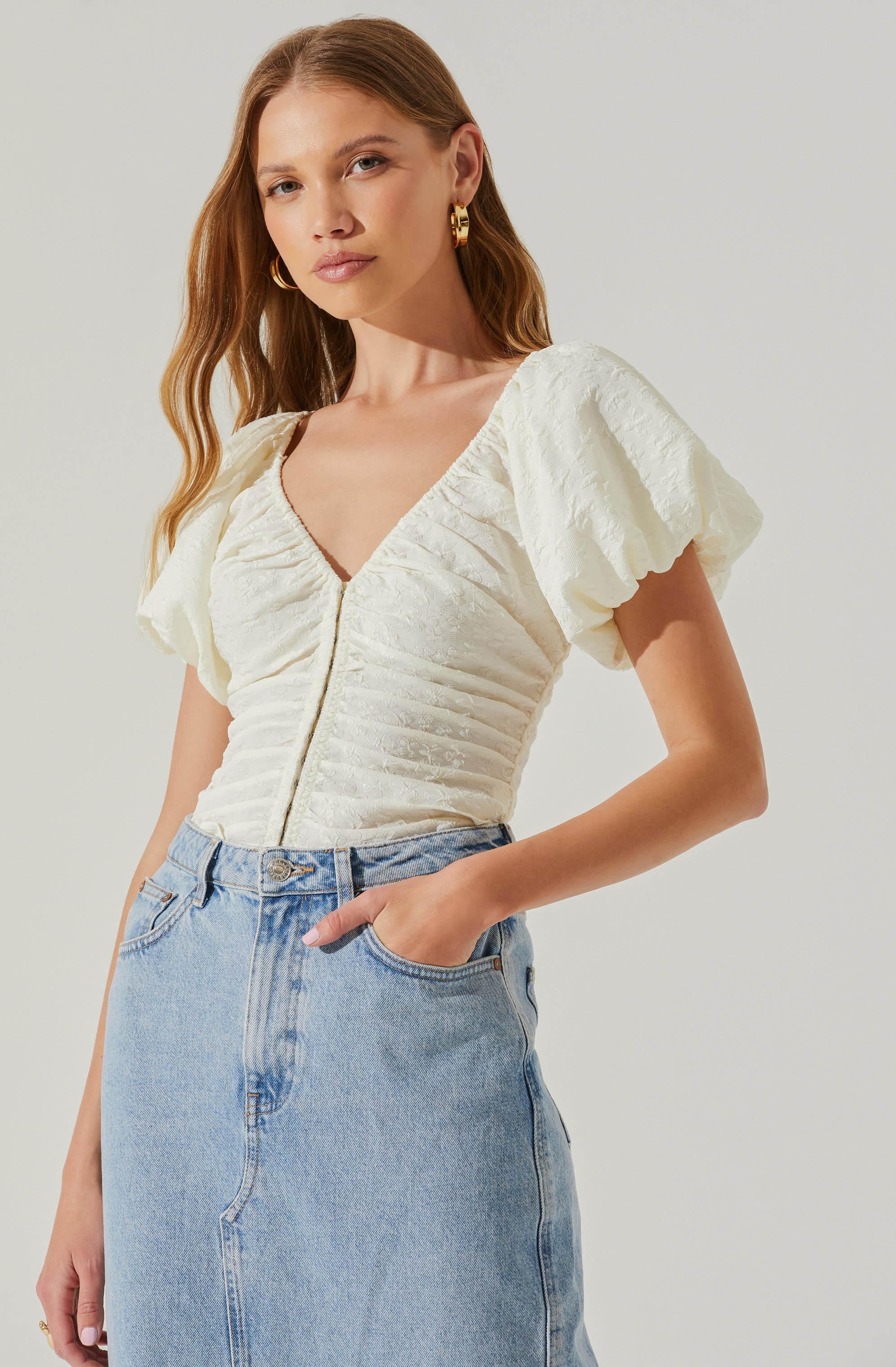 Tameka Textured Ruched Puff Sleeve Top-Aljck