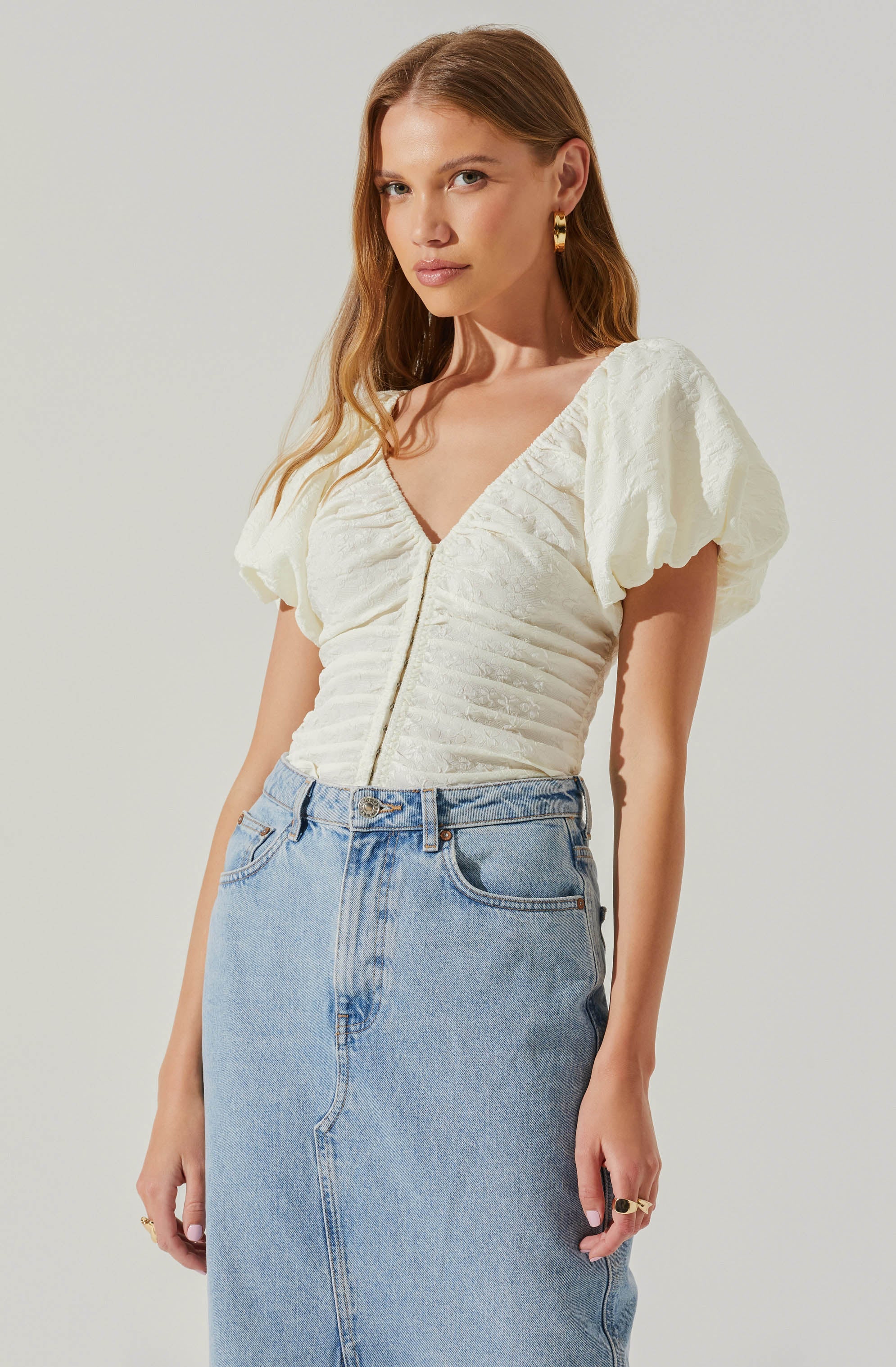 Tameka Textured Ruched Puff Sleeve Top-Aljck