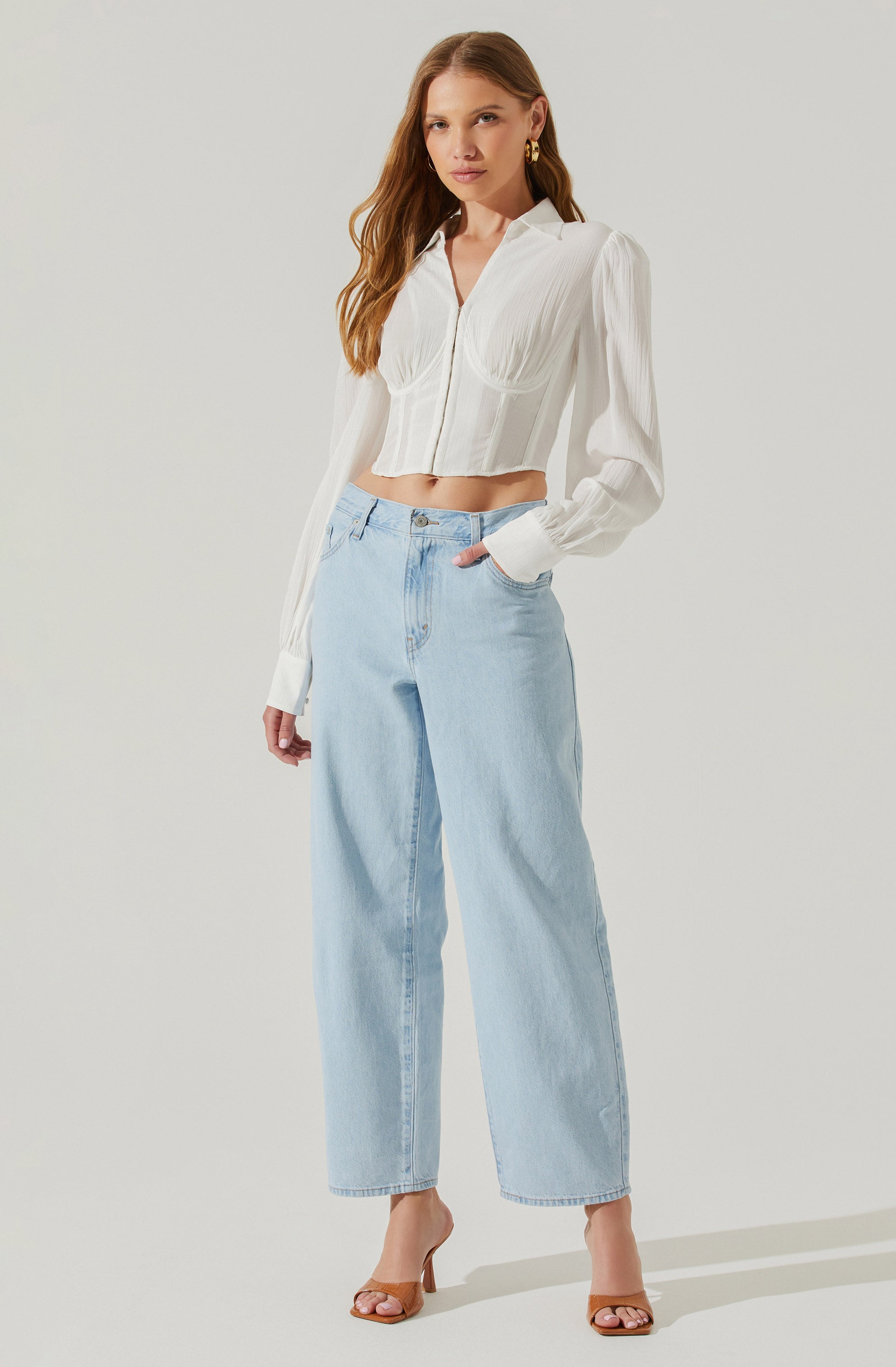 Joree Collared Long Sleeve Corset Top-Aljck