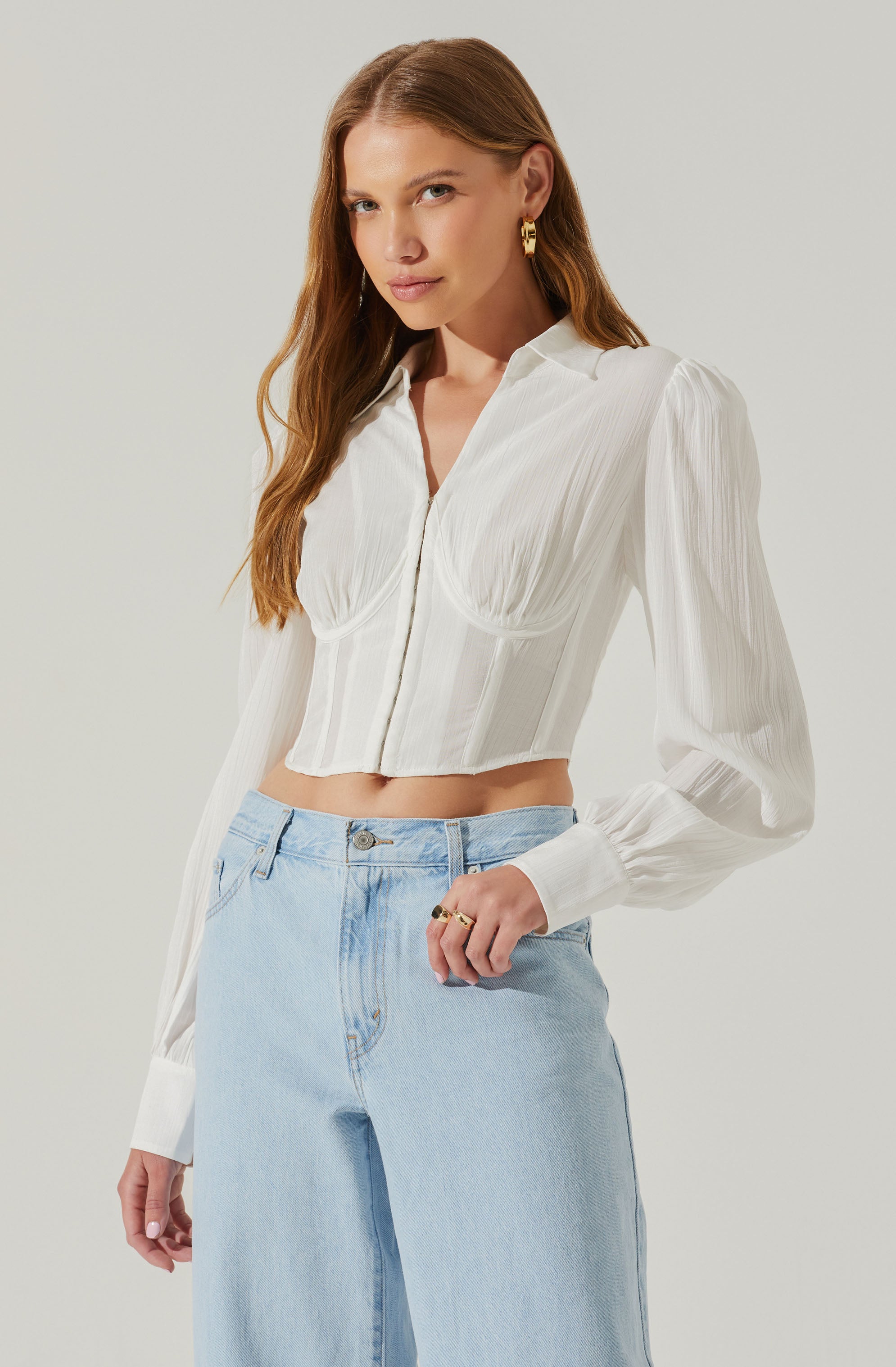 Joree Collared Long Sleeve Corset Top-Aljck