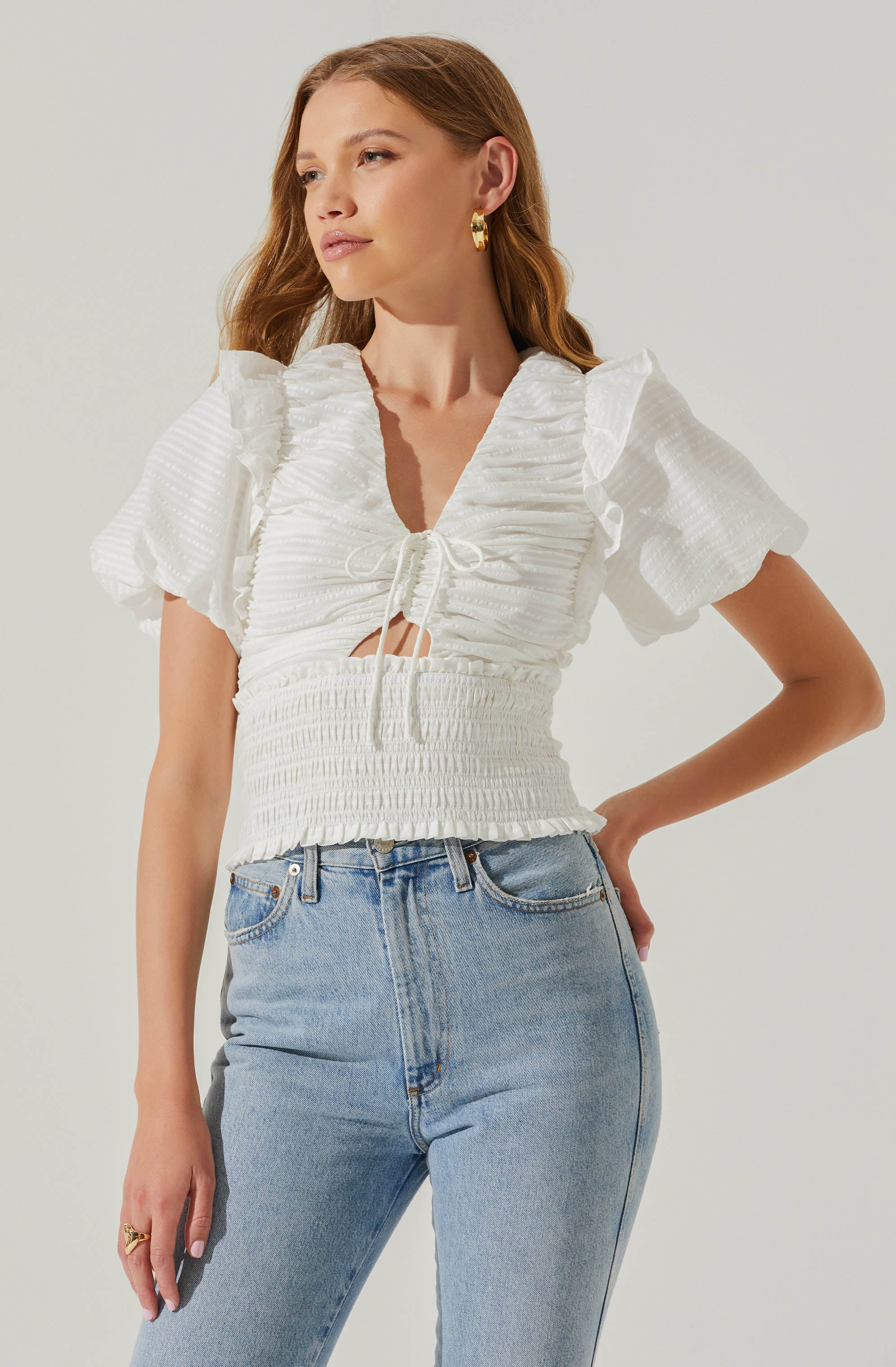 Itzyana Ruched Puff Sleeve Top-Aljck