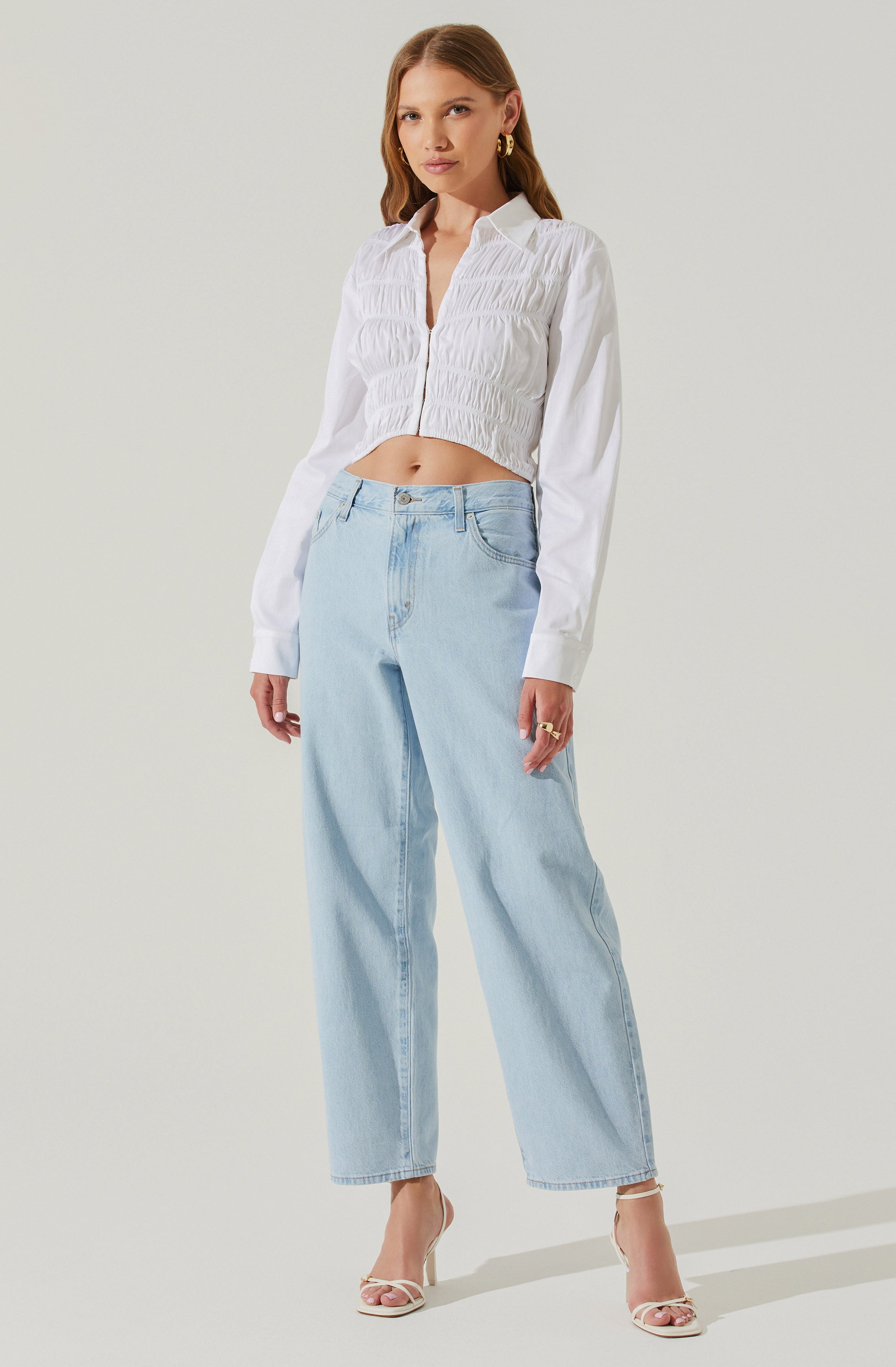 Hartlen Collared Smocked Long Sleeve Top-Aljck