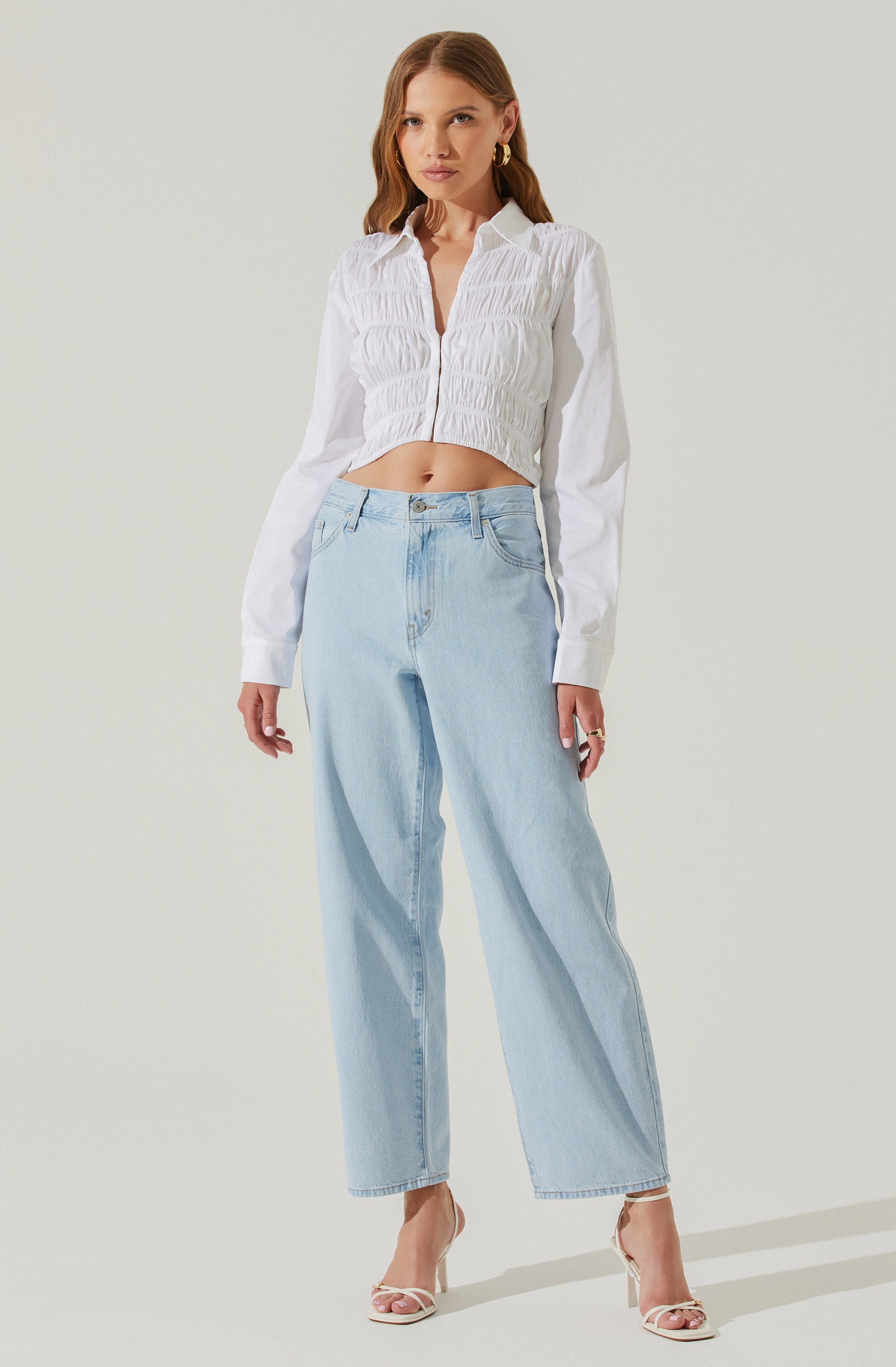 Hartlen Collared Smocked Long Sleeve Top-Aljck