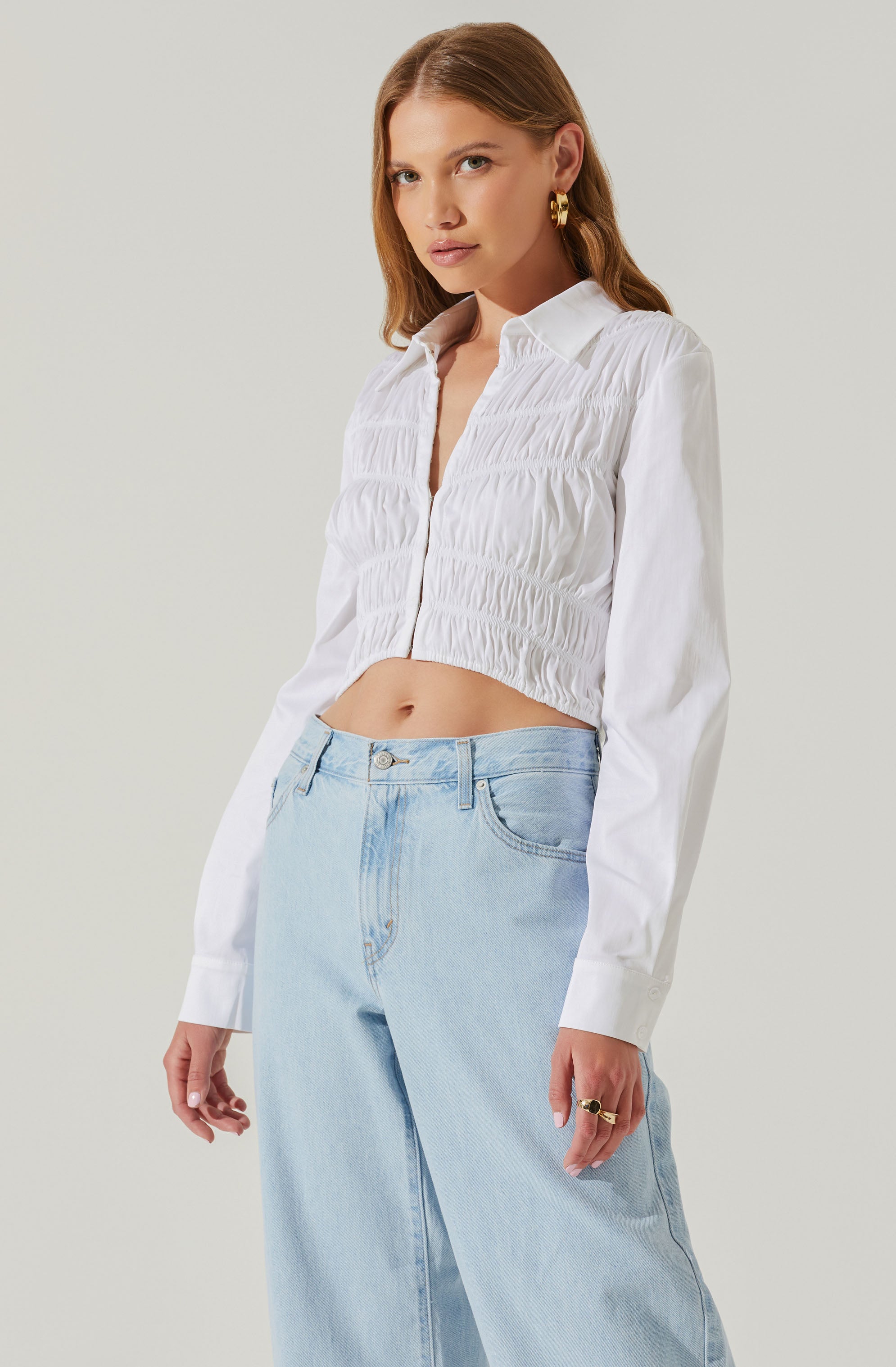 Hartlen Collared Smocked Long Sleeve Top-Aljck