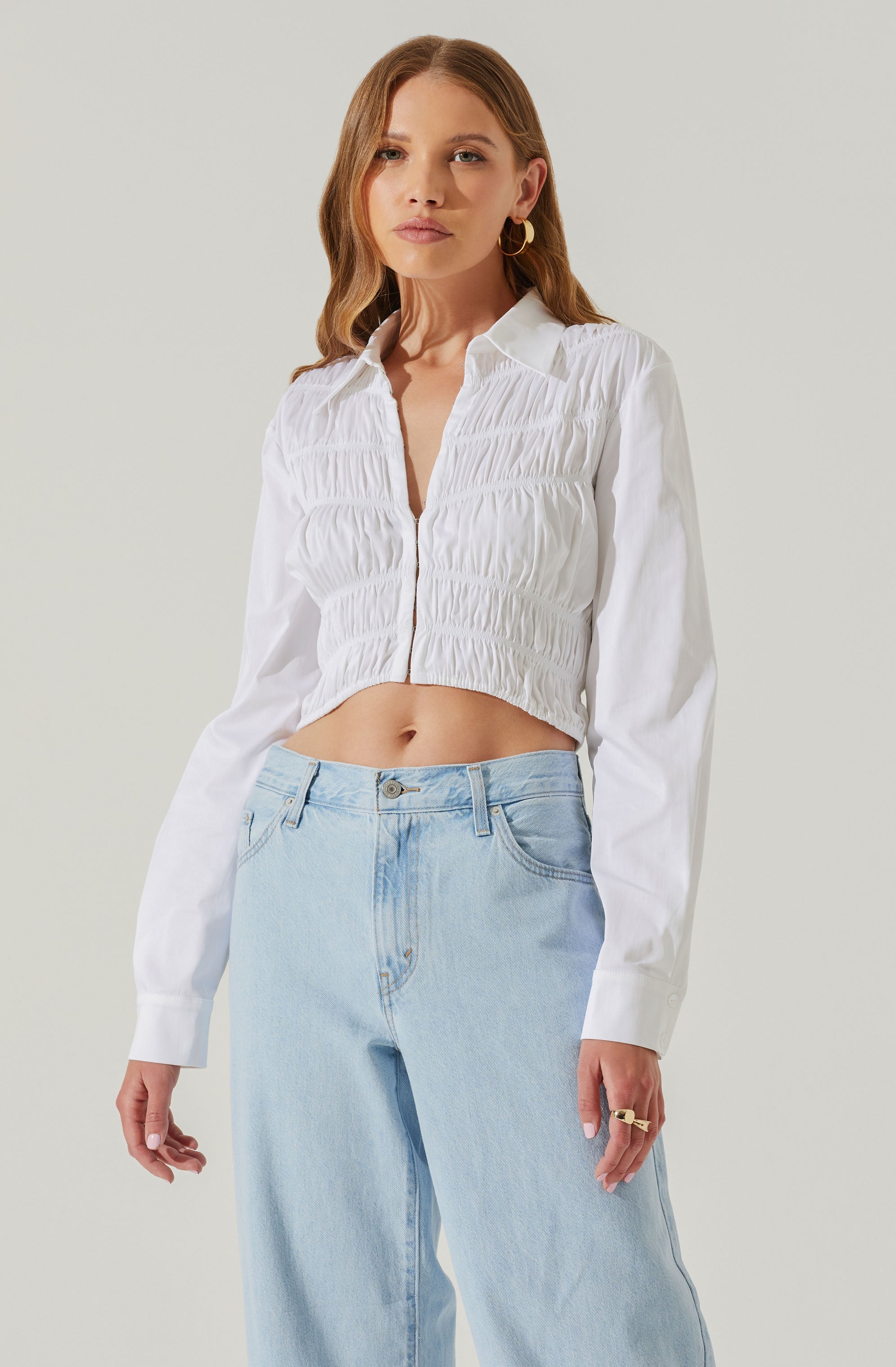 Hartlen Collared Smocked Long Sleeve Top-Aljck