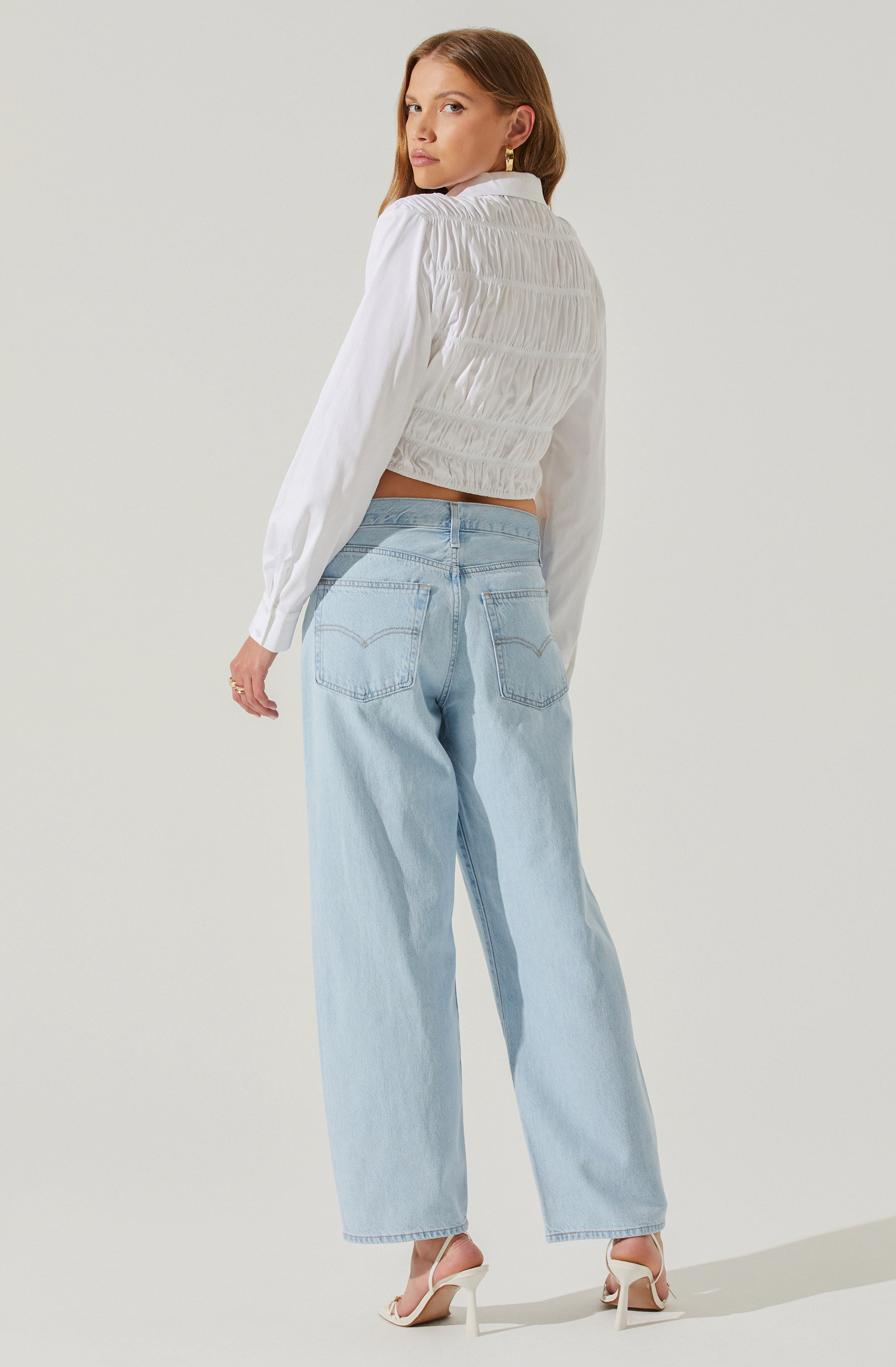 Hartlen Collared Smocked Long Sleeve Top-Aljck